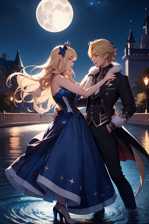A picture of couple dancing on firework background, castle background, big castle, A man with long Curly blonde hair, Picture of A man holding hand A woman, A male and female couple, A knight and princess, A woman wearing white long dress, Ultra Realistic, Ultra Detailing, Ultra Hd, Hyper Realistic, Hyper detail, 8k ultra hd, 4k ultra hd.