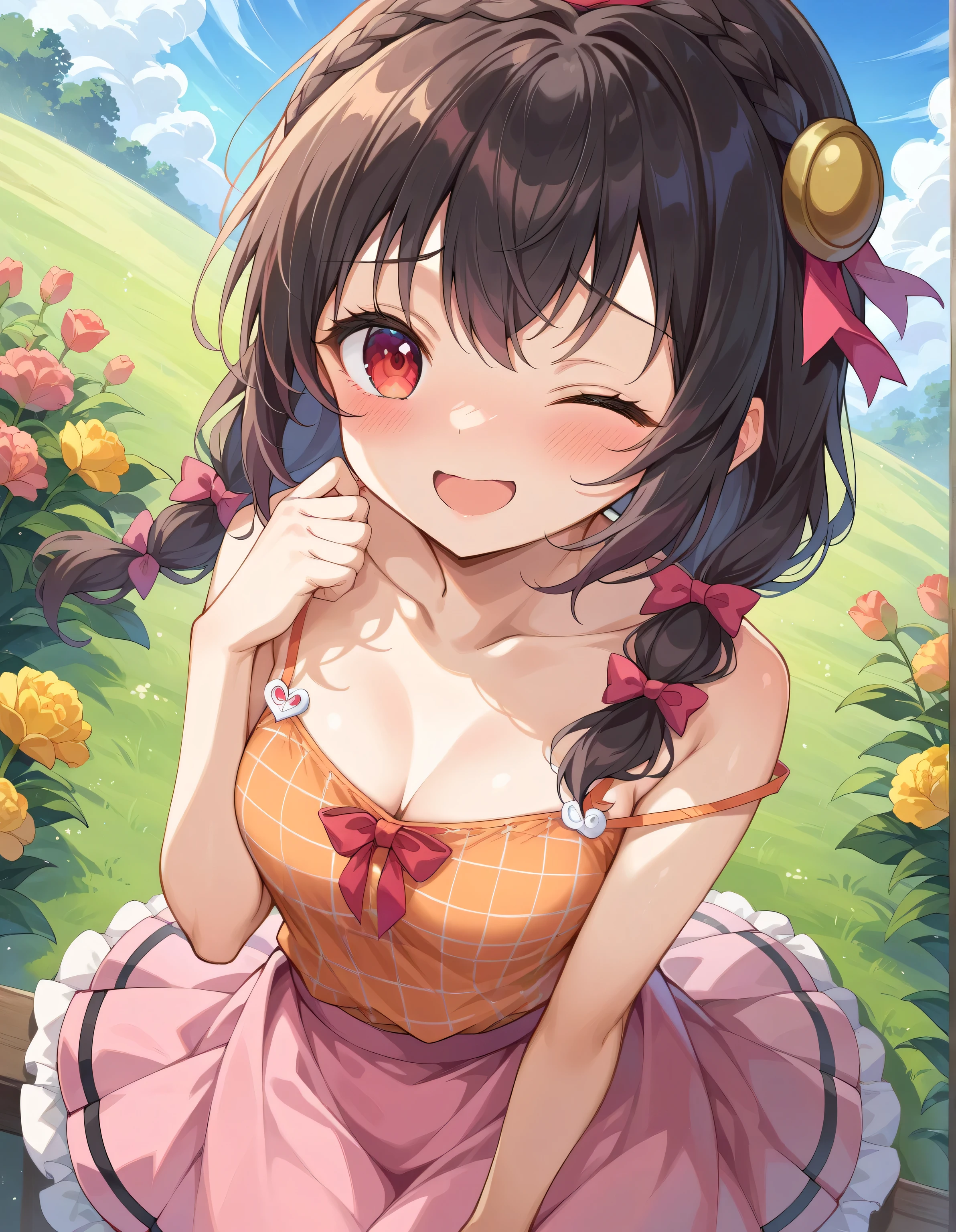 alone, One girl、Crown braids in the same color as your hair, hair ornaments, Hair Ribbon, Pink tie, (White dress), picnic、Black Hair、(blush:1.2)、Sitting、(Kissing expression with eyes closed to the viewer)、Slightly larger breasts