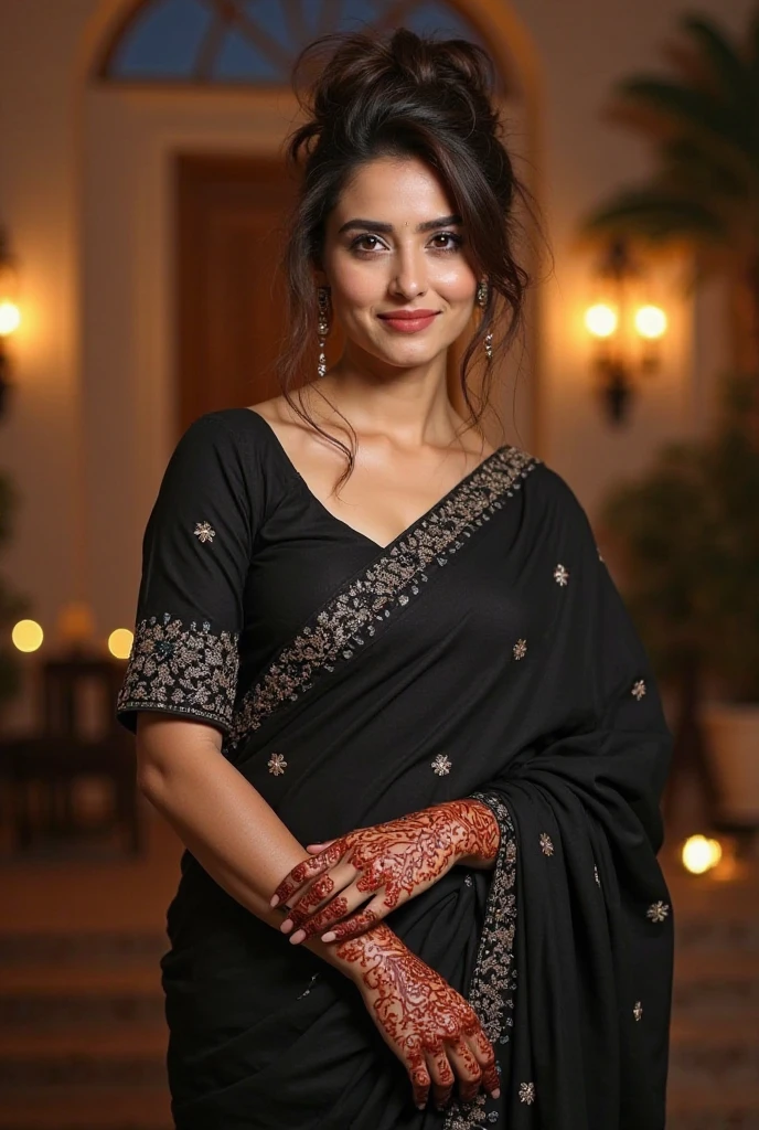 ultra realistic, detailed, safe for work solo photo of a viba woman wearing Olive Mekhela Chador (Assamese traditional attire) with turtleneck, dynamic pose, looking at camera, smiling, background Ski Resort in bokeh <lora:viba_Vidya_Balan_SD15_LoRA_prodigy_local_regs:1>