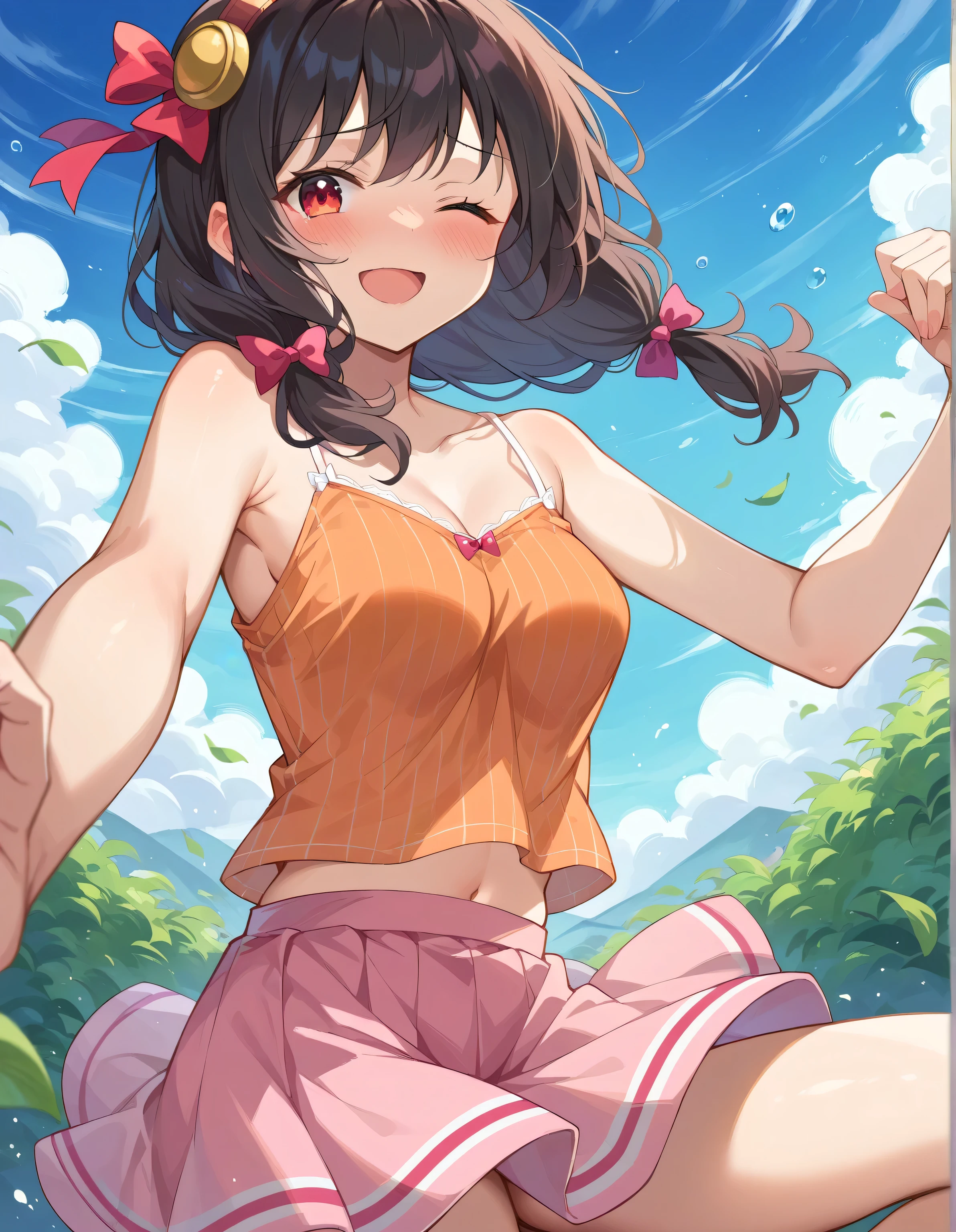 high image quality,high quality、
Yunyun、 (One person)、black hair with a young pattern, hair accessories, red eyes, (transparent orange camisole)、See viewer、(blush:1.2),blue sky、(embarrassed smile)、opens its mouth and laughs、noon、one eye closed、pink skirt、(Dancing:1.2)、(tulip field:1.2)