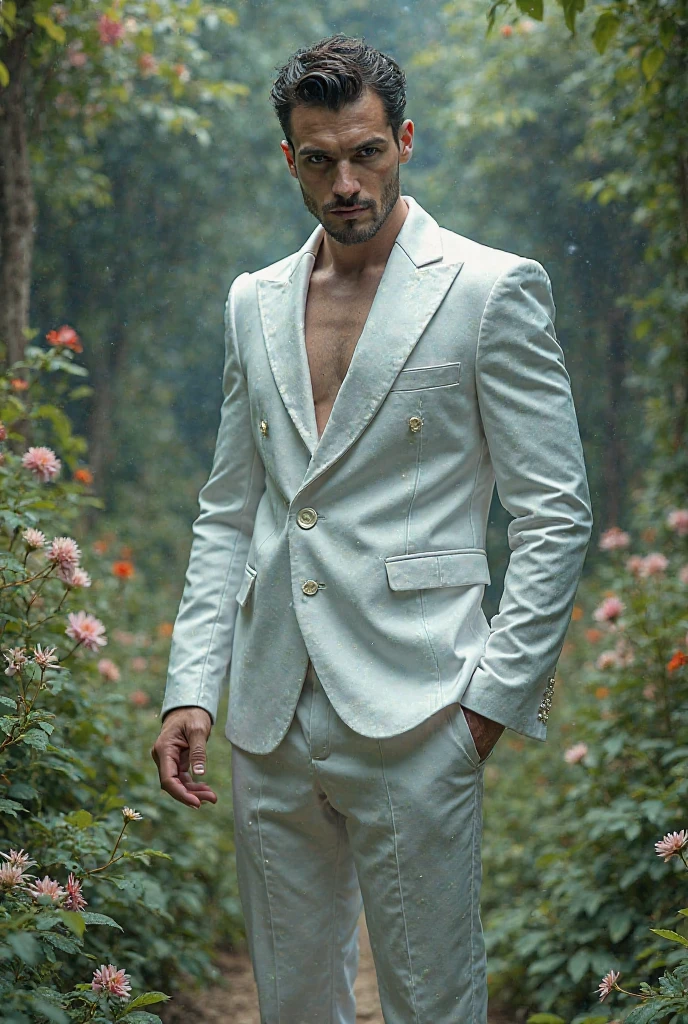 lac34rmor, wearing (white lace coat), see-through, dynamic pose, fantasy city background, street, pants, shirt, realistic, masterpiece, intricate details, detailed background, depth of field, photo of a man,
