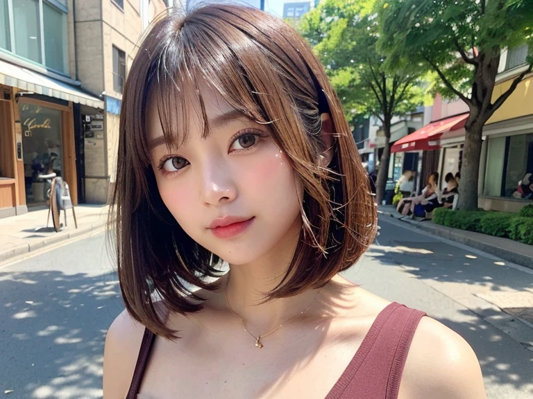 Accentuate your cleavage、Light clothing、Expose、Thin white shirt、(Highest quality,masterpiece:1.3,Ultra-high resolution,),(Very detailedな,Caustics),(Photorealistic:1.4,RAW shooting,)Ultra-Realistic Capture,Very detailed,High resolution 16K for human skin、 Natural skin texture、、Skin tone is even and healthy looking、 Use natural light and colour,One Woman,Japanese,,cute,Pink Hair,Mid-length hair,(Written boundary depth、chromatic aberration、、Wide range of lighting、Natural Shading、)、(Outdoor lighting at night:1.4)、(Hair swaying in the wind:1)、short hair、hair ornaments、Put it on your ear