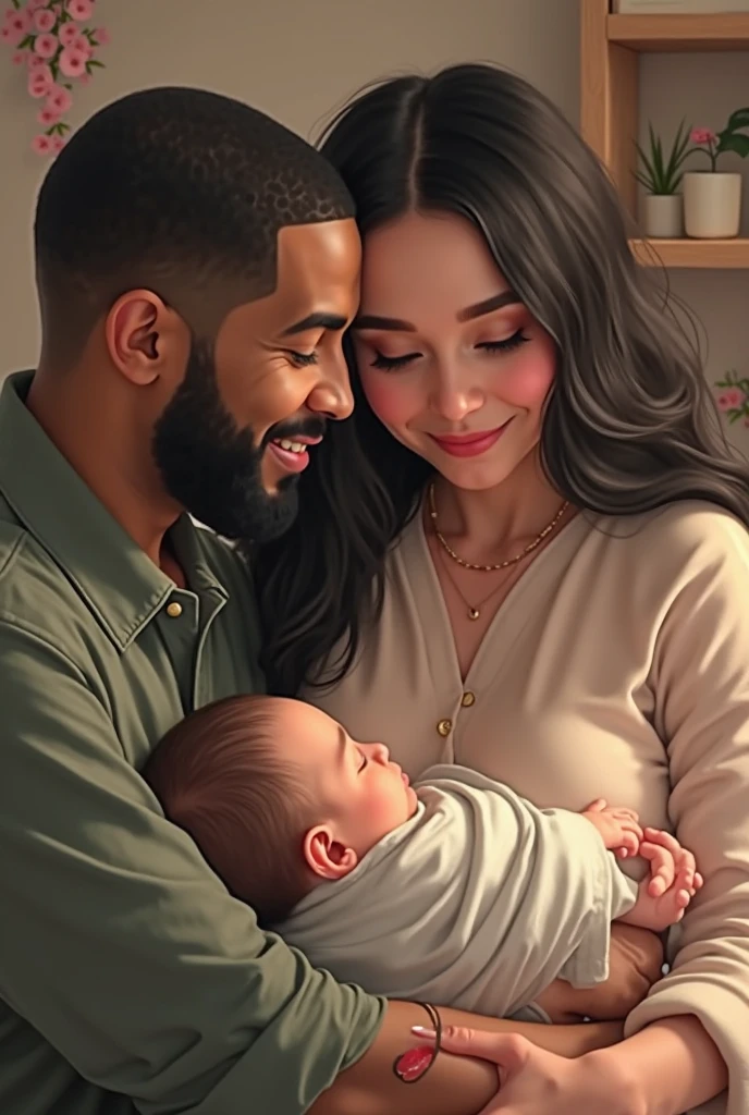 happy 24yr old interracial couple, 1 black man, 2 white girls, playing with a newborn baby, bedroom, home setting, (natural skin texture, hyperrealism, soft light, sharp), daytime, happiness, close-up shot of the baby