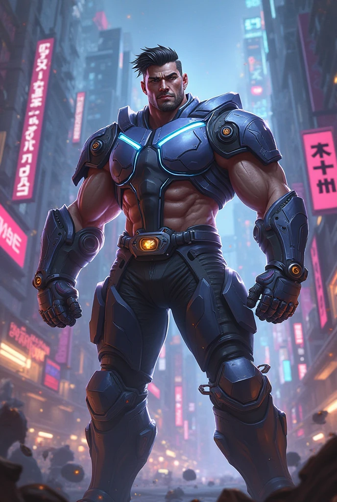 The image is concept art of a cyberpunk character, inspired by the style of Ernest Khalimov. The character is a muscular and imposing man with a horned head and a baseball bat in his hands. He has a serious and determined expression, looking at the horizon. He wears a black leather jacket, with metallic accents and neon lights. It has a bionic arm, with exposed wires and circuits. He also has tattoos and piercings on his face and body. The background of the image is a futuristic city, with tall buildings and full of screens and advertisements. The image has a dark and contrasting color palette, with shades of black, gray, red, and blue. The image is a high-quality 3D render with an impressive level of detail. The image resembles a badass anime or a painting by James Gurney., Futurism, cinematic lighting, UHD, anatomically correct, best quality, high details --auto --s2