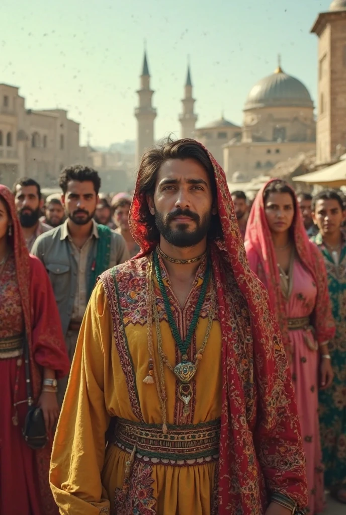 A few Egyptian women with Pakistani dress with scarf on head are looking at a handsome man young with Egyptian dress with surprised eyes because she is very impressed by his beauty .This handsome young man has his eyes down.young man have a beautiful long hair with green eyes .