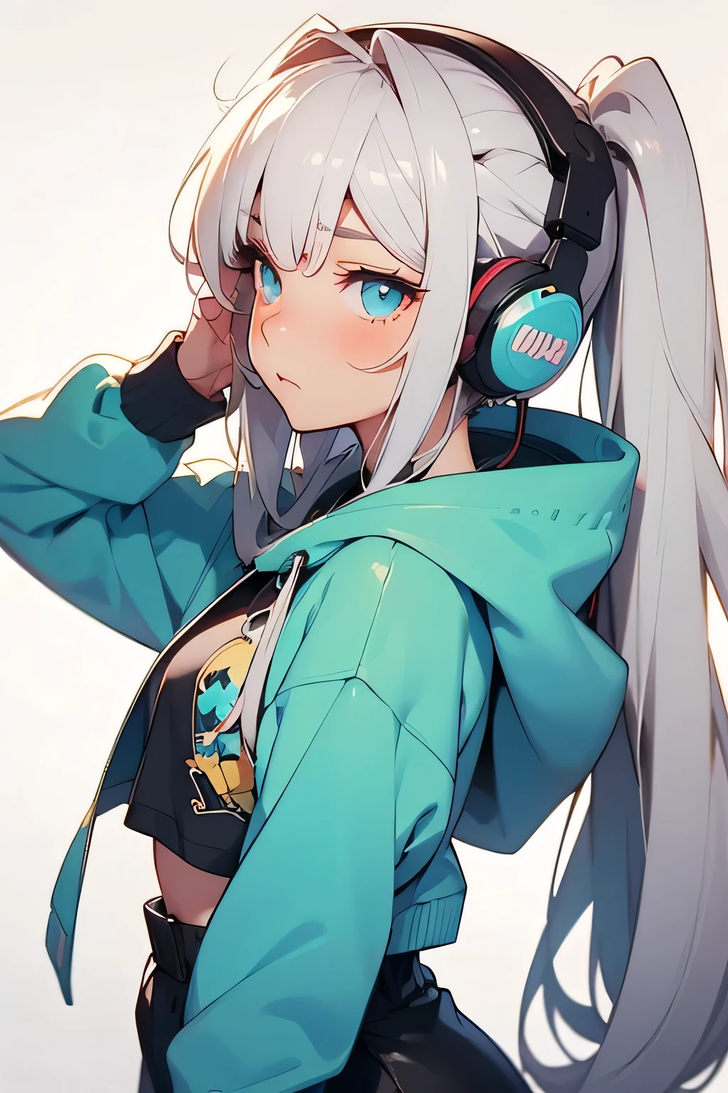 An anime girl with silver twin tails slowly puts on her headphones while facing away from the camera. Her hair sways gently, and the back of her cropped hoodie lifts slightly as she raises her arms. As she lowers her hands, she subtly sways to an unheard rhythm. 10-second seamless animation loop, stylish and smooth, soft sensuality, no NSFW content.