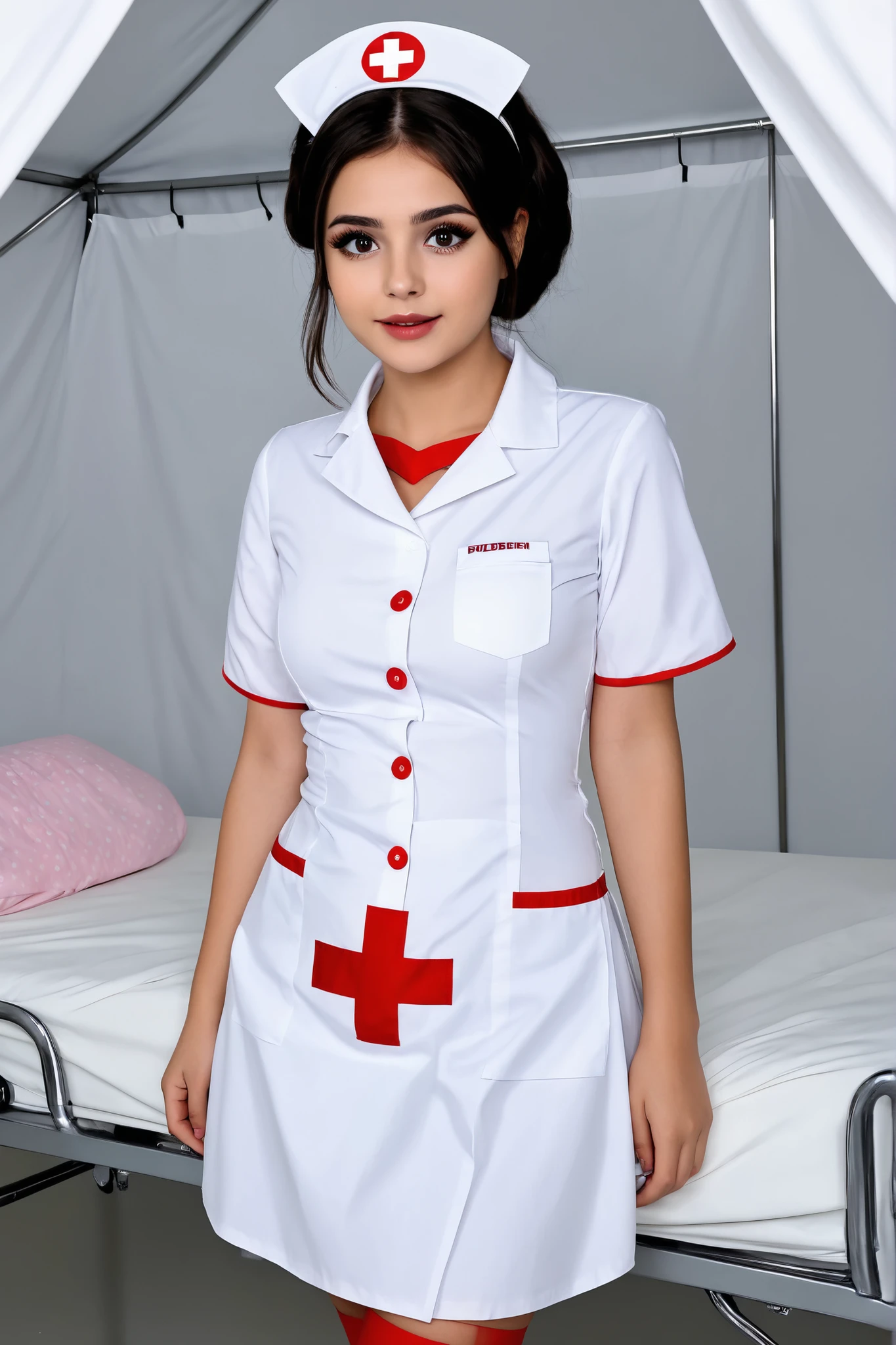 Photorealistic, high resolution, A Japanese Nurse named Jade, Solo, Hips up, view the viewer, (Detailed face), Black hair, Long hair, Nurse outfit, Stockings