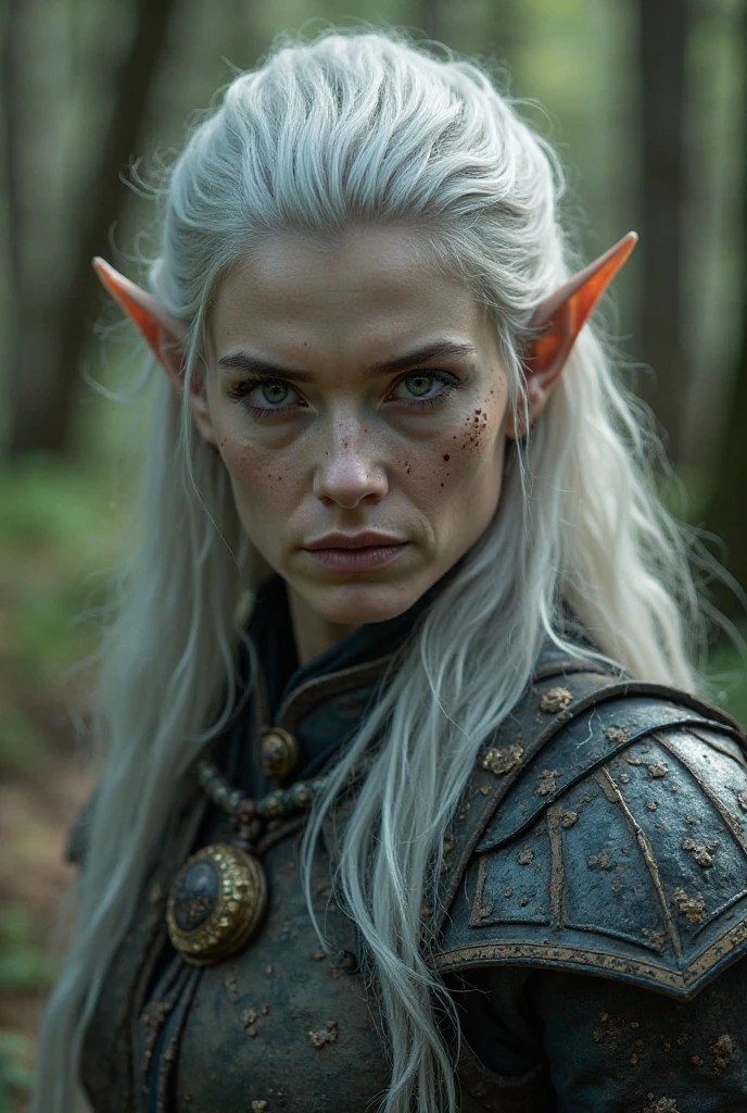 (detailed face, detailed eyes, clear skin, clear eyes), lotr, fantasy, elf, female, silver hair, looking at viewer, portrait, photography, detailed skin, realistic, photo-realistic, 8k, highly detailed, full length frame, High detail RAW color art, piercing, diffused soft lighting, shallow depth of field, sharp focus, hyperrealism, cinematic lighting, film grain, Evangeline Lilly