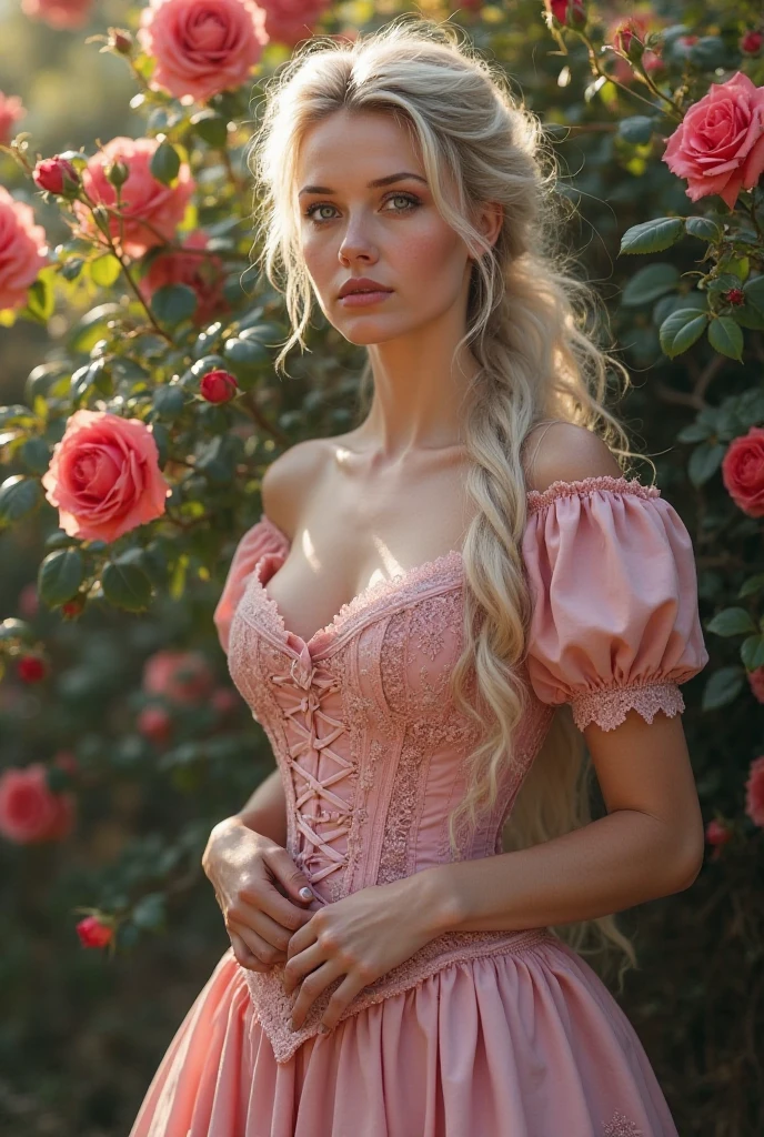 a girl dressed as princess peach,cosplay,detailed costume,cute pose,long blonde hair,pink crown,pink dress,playful expression,realistic makeup,green fields background,enchanted forest,highres image,vibrant colors,portraits