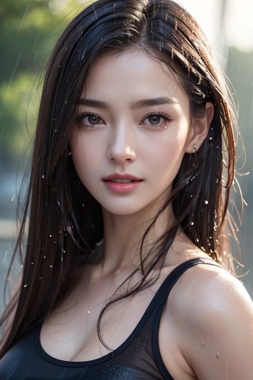 ((Best quality, 8k, Masterpiece :1.3)), Sharp focus :1.2, A pretty woman with perfect figure :1.4, Slender abs :1.2, ((Layered long hair, Big breasts :1.2)), (Wet white button up long shirt :1.1), Open shirt show , ((Naked)), Naked, ((detailed )), ((detailed ) Rain :1.2, Street:1.4, building, Wet body :1.4, Highly detailed face and skin texture, Detailed eyes, Double eyelid