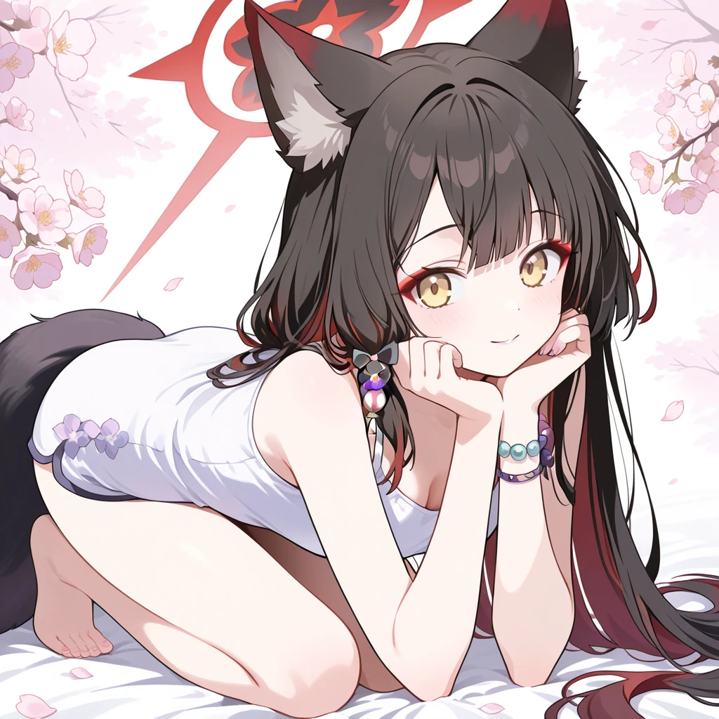 (muste piece), (best quality), very detailed eyes, expressive eyes, perfect face, very detailed face, highly detailed face, beautiful girl, (solo full body shot:1.3), 8K, beautiful girl, white background background, delicate and beautiful face and eyes, dark intense shadow, 
1 girl, vtuber style, cool girl, hololive, Ookami Mio, black hair, streaked hair, wolf ears, wolf tail, pajamas, big chest, cropped shoulders, clavicle, sleeping, closing eyes, body visible through clothes, chest visible through clothes, ass visible through thighs, (full body),