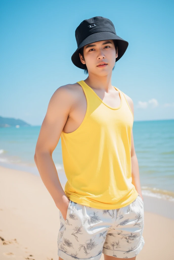 solo , 1man , thai man , Men's tank top , Short pants , sea , sit