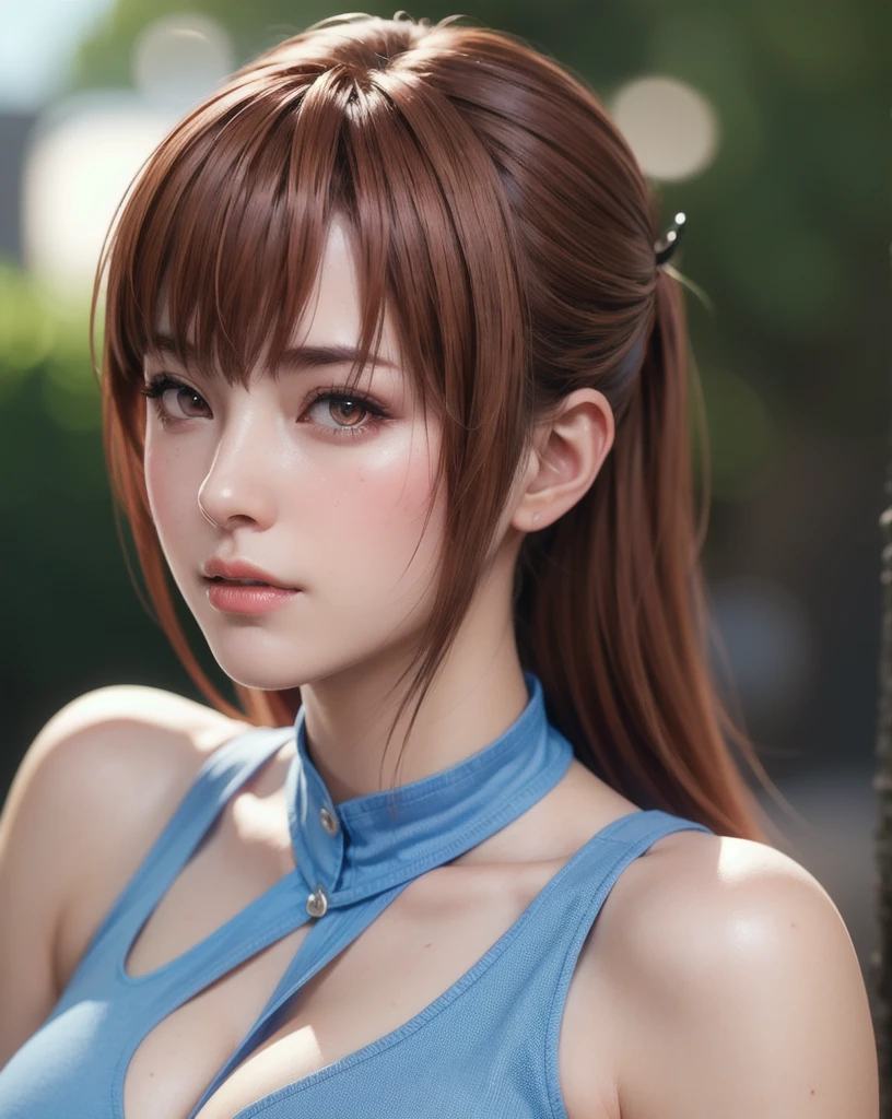 animetoreal,soft light, masterpiece, best quality, realistic,photorealistic,1girl,,terumi_mei, naruto_(series), naruto_shippuuden, 1girl, Brownish_Red_Hair, hair_over_one_eye, large_breasts, high ponytail,long_hair, very_long_hair, fishnets, blue_dress,pantyhose,in an amusement_park,mole under eye,blur background,background defocus,front view