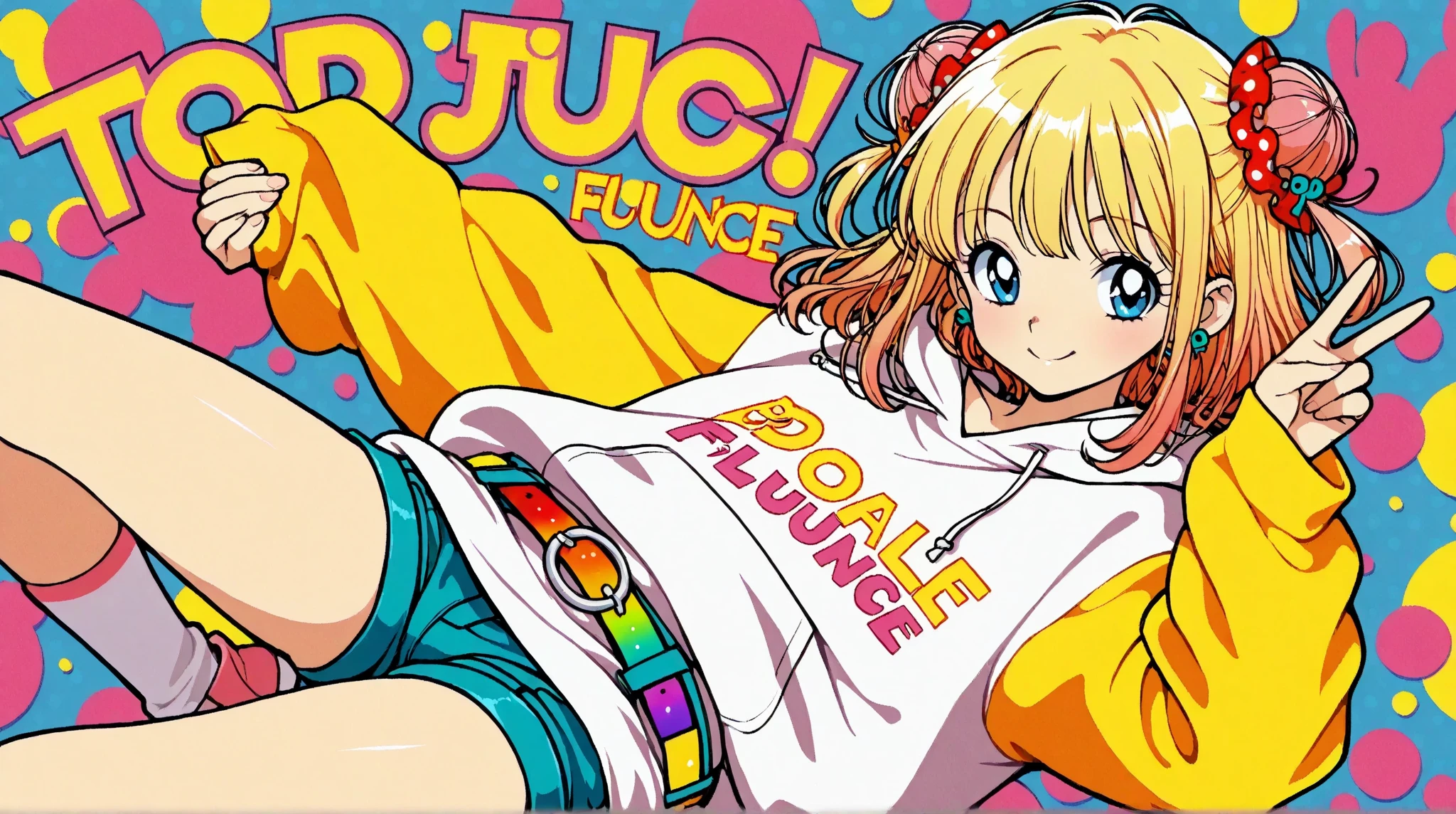 anime style, best quality, close up,1girl, peace sign, vibrant colors, blue eyes, yellow and pink hair, stylish outfit, oversized sweatshirt, bold graphic text, shorts, playful expression, ear accessories, colorful belt, flat design, red polka dot background, high contrast, minimal shading, modern illustration, retro vibes, pop art influence