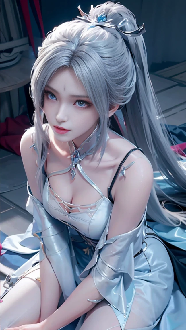 (from below),Dynamic Angle,Extremely detailed, illustration, close up, straight on, 1 Girl, (fantasy:1.4), (Blue eyes:1.233),Her eyes shone like dreamy stars,(Glowing eyes:1.233),(Beautiful and delicate eyes:1.1),(Silver Hair:1.14),(Messy hair),huge breasts, slim waist,