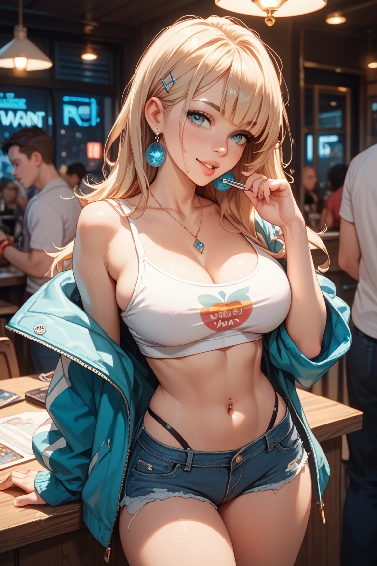 (masterpiece), (highest quality), (super detailed),(messy hair),(figure), (1 girl), (cool otaku clothes), Are standing, looking at the viewer, (bar background),detailed and beautiful eyes,(high color saturation),(colorful splashes),colorful bubble, ((Improve)), blonde bob, messy bangs, pink lipstick, normal chest, (cleavage), best lighting, best shadow,