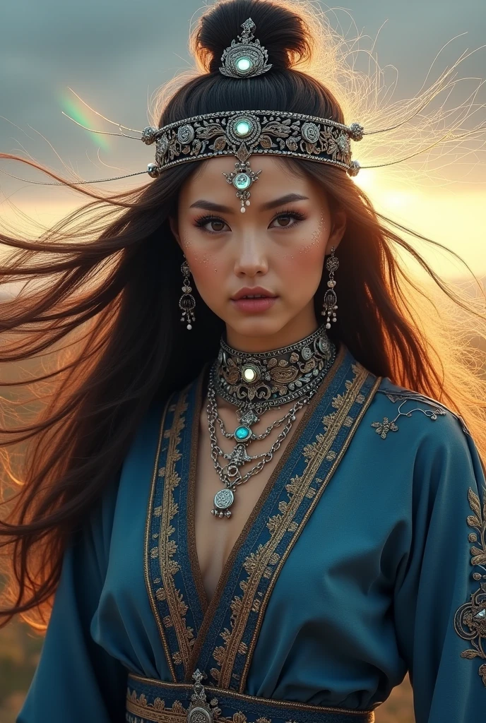 Masterpiece, absurdres, fine detail, HDR, highly detailed face and eyes, photorealistic,smiling,,beautiful qcd_woman, a woman with a very long hair and a very pretty dress ,perfect qcd_face, perfect qcd_body, face tattoo, ((brown skin))<lora:qcd:0.75>