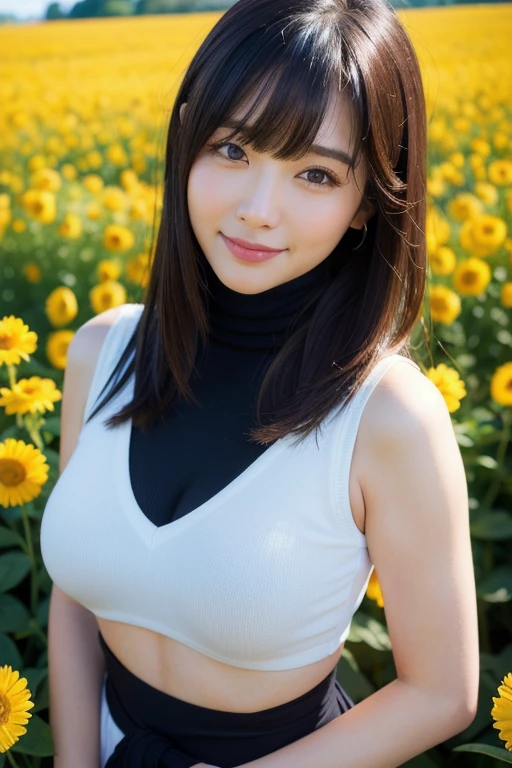 masterpiece, best quality, (realistic,photo-realistic:1.4), (RAW photo:1.2), extremely detailed CG unity 8k wallpaper, delicate and beautiful, amazing,finely detail, official art, absurdres, incredibly absurdres, huge filesize,ultra-detailed,extremely detailed eyes and face,light on face,(little smile:1.3),hinata,(black hair:1.4) (long hair:1.4),potrait,(medium breast:1.3),nature background,,sunflower background,(potrait :1.4),(wearing blue clotes:1.5)