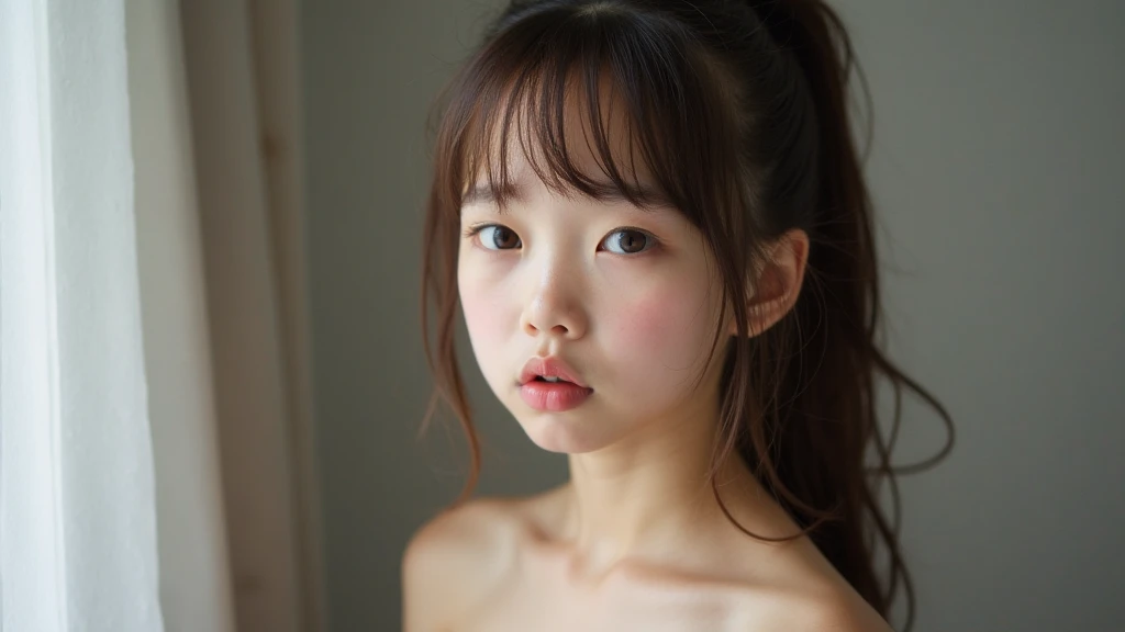 Looking straight ahead and glaring angrily, White background, Lift your eyes up, Ultra HD、128k、Masterpiece、A kindergarten girl、 clavicle, RAW Photo、A girl with big eyes wearing light pink clothes、Long face, Professional Lighting、Japanese anime style,