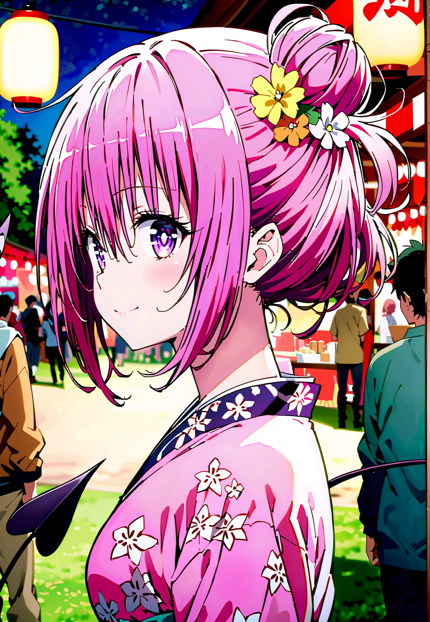 Momo Devil, Momo Deviluke, solo,Demon Tail,  hair flower, hair ornament, purple eyes, Picnic, smile,cover,close your mouth,side lock,single bun hair,Nape,Medium breast,Pink floral kimono,standing,Red Lantern,Japanese stalls ,Light up fireworks,night,crowd,full bodyがillustrationsに入るように,break outdoors, Japanese Festival,
break looking at viewer,full body,
break (masterpiece:1.2), Best Quality, high resolution, Unity 8k 壁紙, (illustrations:0.8), (beautiful detailed eyes:1.6), extremely detailed face,  so that it fits into the illustration, Extremely Detailed CG, (perfect hand, Perfect Anatomy),