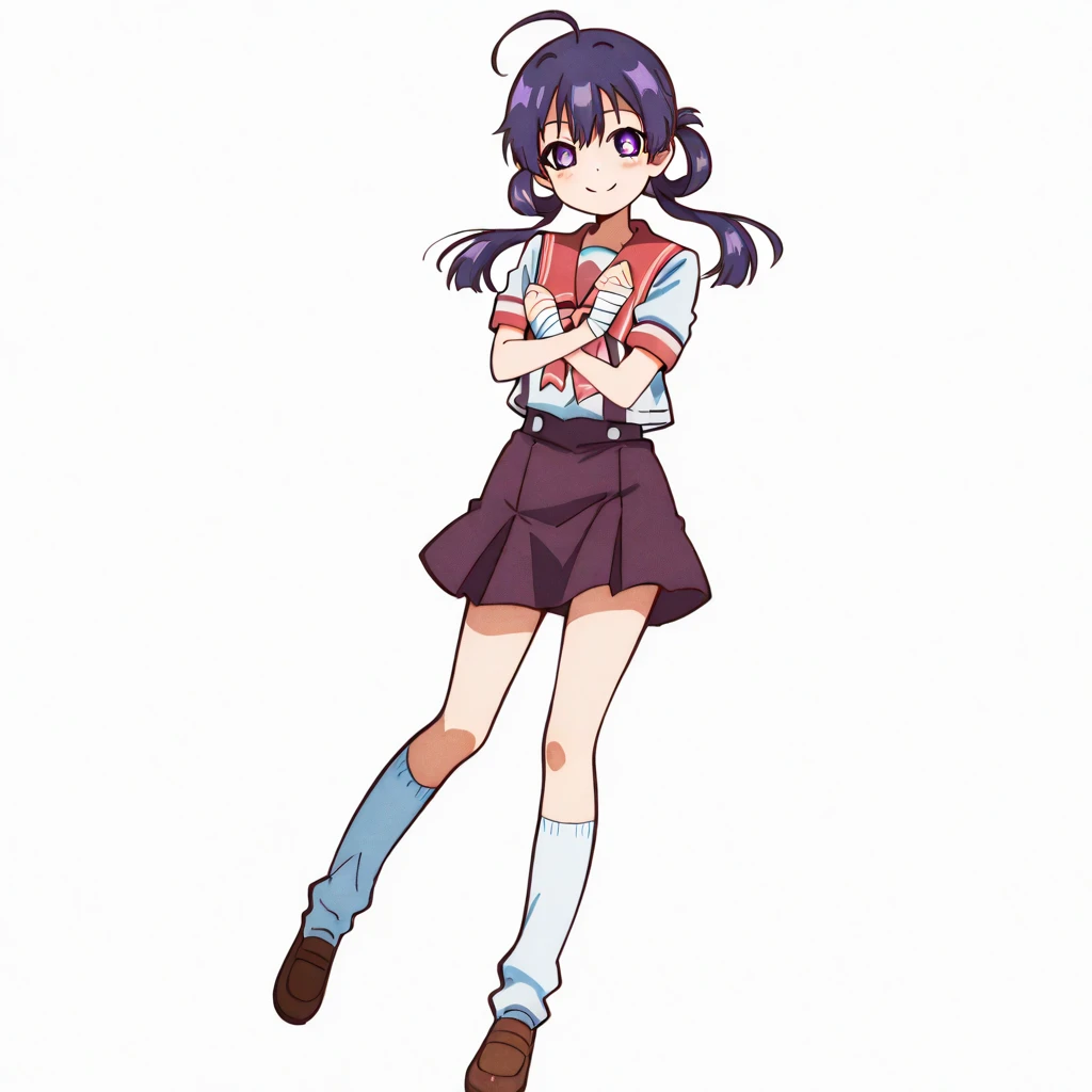 score_9,score_8_up,score_7_up, clear skin,white_background,simple background,ultra detailed eyes, takarada rikka,1girl,black hair,skirt,solo,cosplay,long hair,school uniform,cardigan,wrist scrunchie,black skirt,white cardigan,pleated skirt,blue eyes,scrunchie,socks,red socks,bangs,shoes,long sleeves, sitting,barefoot,medium breasts,closed mouth,head tilt,yokozuwari,blurry,