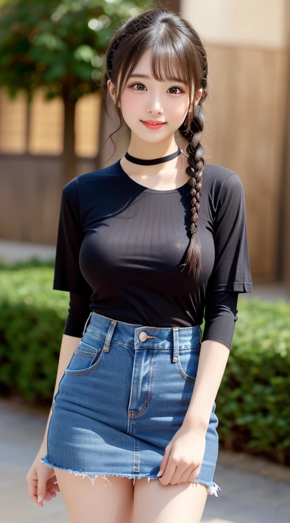 (8k, RAW photo, best quality, masterpiece: 1.2), (realistic, realistic: 1.37), ultra-high resolution, photon mapping, radiosity, physically based rendering, 1 girl, (brunet: 1.3), detailed face, detailed eyes, huge breasts, shiny skin, (pureerosface_v1:1.0), standing, shorts,blouse,skirt,braids,,looking at the audience, (laughing cute: 1.2), (happy), healing cute, (Cityscape: 1.2), (Night: 1.2), (Dark Theme: 1.5),