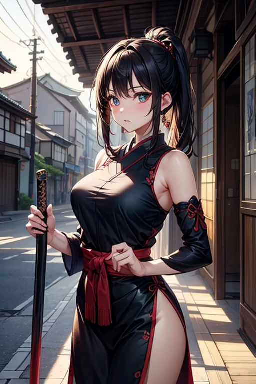 masterpiece, Best Quality, absurderes, Perfect Anatomy, Unity 8k Wallpapers,best anime,dynamic angle、action pose:chop、cowboy shot,20 year old beauty、boa hancock,black hair,long hair, ,slender body,large breasts,Turn your body to the viewer、waitress,Japanese clothing、Red pleated mini skirt、1Hold a real Japanese sword with both hands、A Japanese sword drawn with precision and accuracy、Fight with a single Japanese sword、outdoor、wilderness、