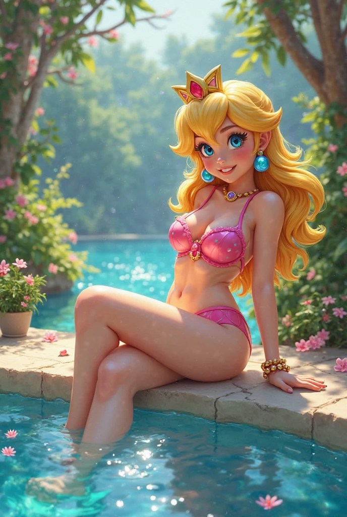 Masterpiece, best quality, 16k resolution, illustration, NVIDIA RTX Ray Tracing technology, Create a 4K resolution, ultra-realistic, and extremely detailed artwork, wallpaper, award winning, retina, soft light, sharp focus, (hyper-realistic:1.4), (full body:1.4)
Princess Peach, she is wearing a pink detailed designed bikini, slim body, slim waist, blonde hair, long blonde hair, blue eyes, have big breasts and a great cleavage, she must be wearing a golden crown, (golden crown)
she must be in a sexy pose, sited, she must be showing her beautiful legs sitting next to a pool, at a resort,
((pool, sky, clouds, water splash, ))
FULL BODY SHOT, ultra wide angle, textured skin, face detail, clean skin, perfect hands, perfect anatomy, anatomically correct