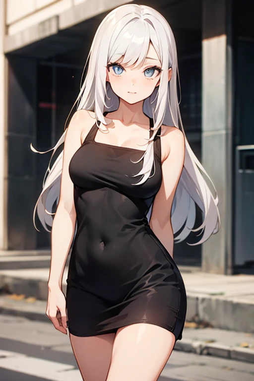 masterpiece, best quality, highres, aabelfast, long hair, french braid, white hair, <lora:belfast_(azur_lane)_v1:0.7>, sweater dress, ribbed sweater, sleeveless, standing, cowboy shot, street, :o
