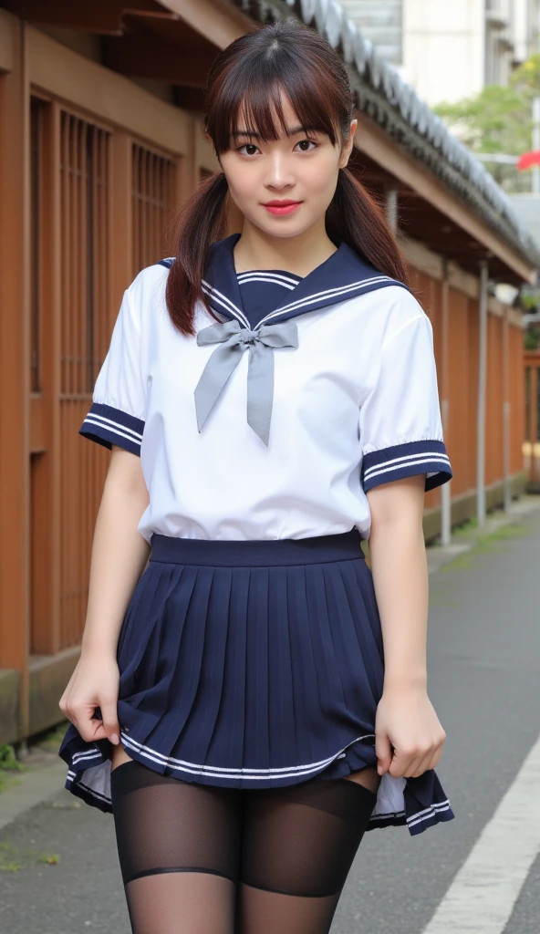 sailor uniform, One Woman, (Beautiful woman, delicate :1.3), Black Hair, bob cur hair, Patsun, 8k, Highest quality, masterpiece, Very detailed, Ultra-high resolution, Realistic, RAW Photos, Absolute Resolution, Black Hair, Navy blue sailor uniform, (Navy blue pleated skirt:1.4), Realistic high school girl, (White headband:1.4), Small breasts, expensive, Bright Blue Eyes, (In front of the school gate), smile, (standing pose:1.4), (one school bag on shoulder:1.4), (long skirt:1.4), slender female body, Blur the background,