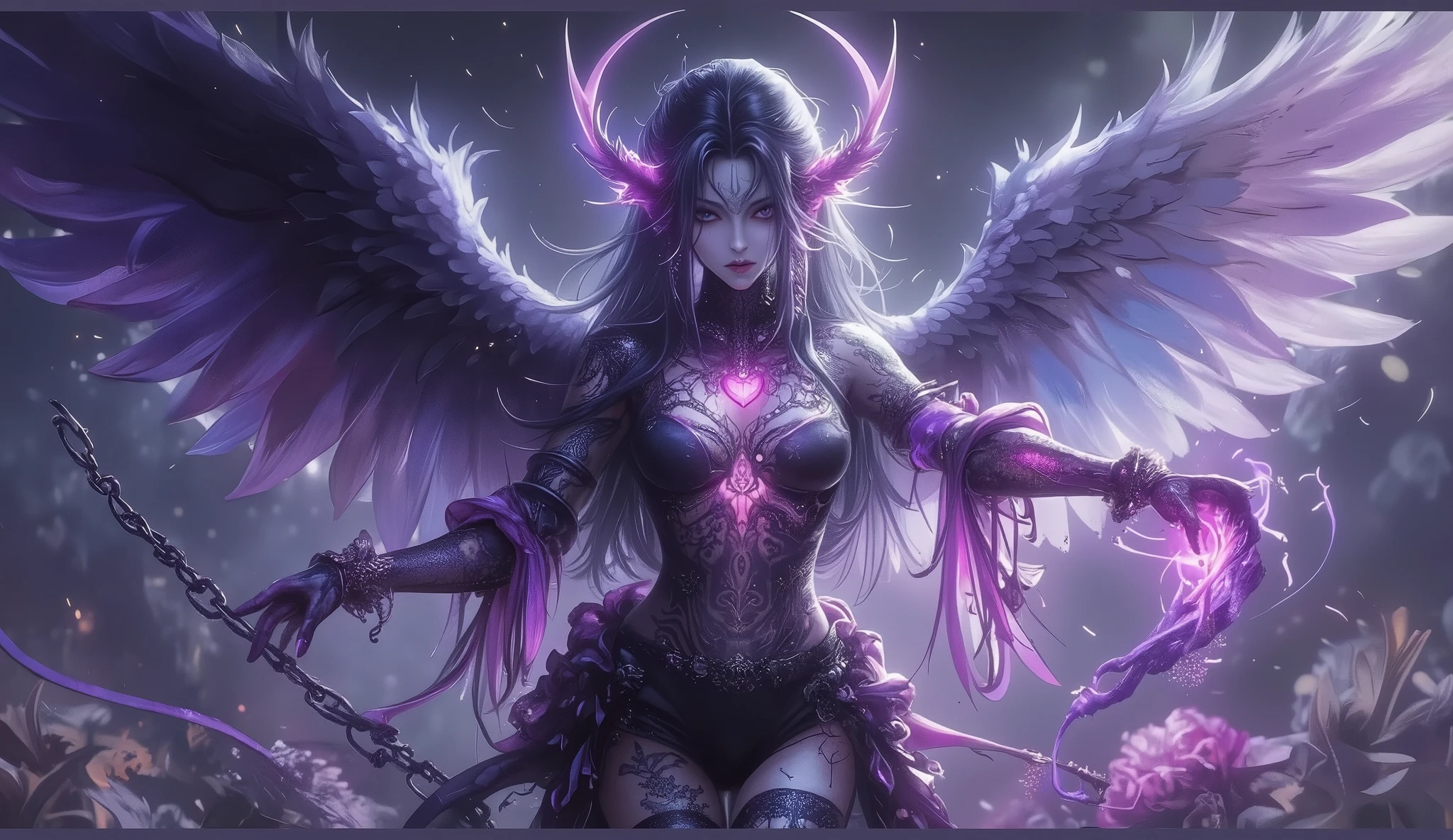 ((Best Quality)),( in the bathroom),( very well detailed),( detailed description ),(( best CG )),( best artwork ), Ultra Precise Art , Amazing Painting Art,( Exquisite Dark Fantasy Art:1.5), female, angel, devil, beautifully manicured, sharp eyes, Horn, angelの輪, long chain restraint, angelとdevilの羽, search, purple ectoplasm, Afterglow, decayed , dynamic pose, Dynamic Action, dynamic angle
