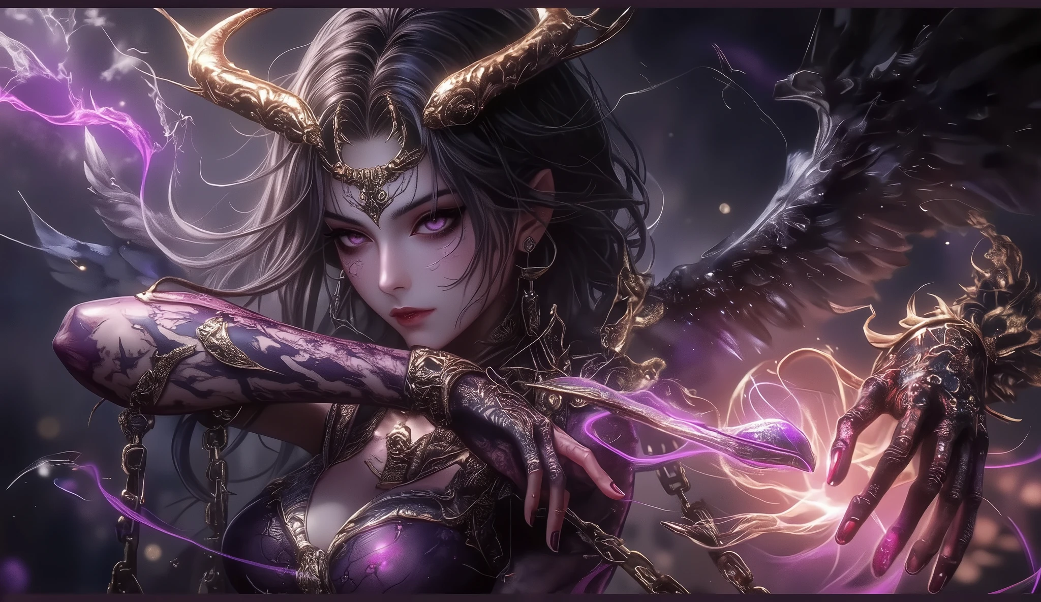 ((Best Quality)),( in the bathroom),( very well detailed),( detailed description ),(( best CG )),( best artwork ), Ultra Precise Art , Amazing Painting Art,( Exquisite Dark Fantasy Art:1.5), female, angel, devil, beautifully manicured, sharp eyes, Horn, angelの輪, long chain restraint, angelとdevilの羽, search, purple ectoplasm, Afterglow, decayed , dynamic pose, Dynamic Action, dynamic angle