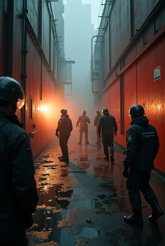 arafed image of a group of people walking through a building with a fire in the background, still from a music video, fabian wagner cinematography, eve online movie still, promotional images, nvidia promotional image, by Ejler Bille, prison city, riot entertainment, promotional image, ( ( mads berg ) ), rammstein, riot entertainment realistic, capitol riot --auto --s2