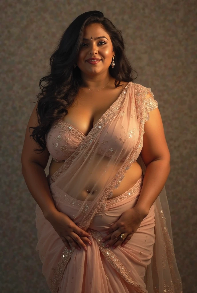 ((Indian 30 year old supermodel )),((dark brown toned skin)),((both eyes blue colour)),((brunette curly long hair with messy top bunstyle)), standing,plum roundish cheeks, having perfect round tits,big wide ass,having hour glass figure,((looking straight to camera)),((Wearing glossy violet lehenga with shawl hanging over the shoulder)),((perfect round boobs)),((silky hair)),((4k quality,realistic high quality)),((nice curvy body)), ((perfect hands)), ((perfect legs)), ((perfect fingers)), ((smooth skin)),((in a plain background photoshoot)),sensual expression