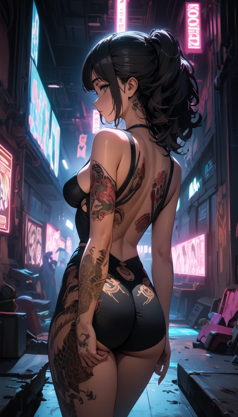 A woman with atletich musuclar tonus but not big, showing ur back with a giant dragon yakuza tattoo, 8k resolution, epic, dramatic vibe