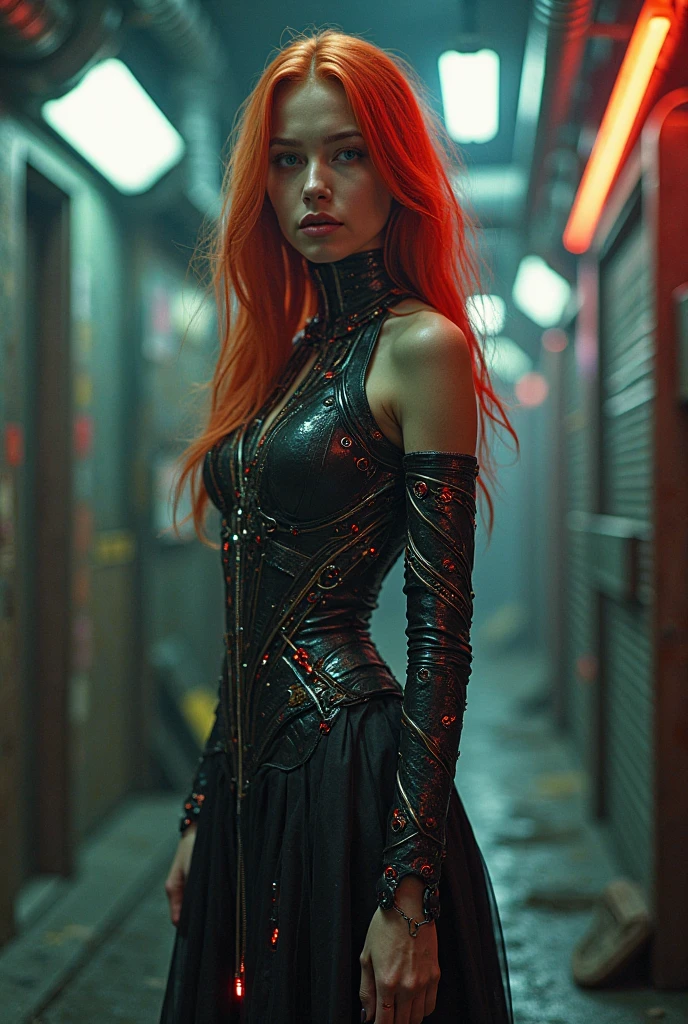 spawns a tall adult woman with long red hair and red eyes, futuristic black clothing using a dark toned lace dress, a somewhat deranged smile and with a red aura of power