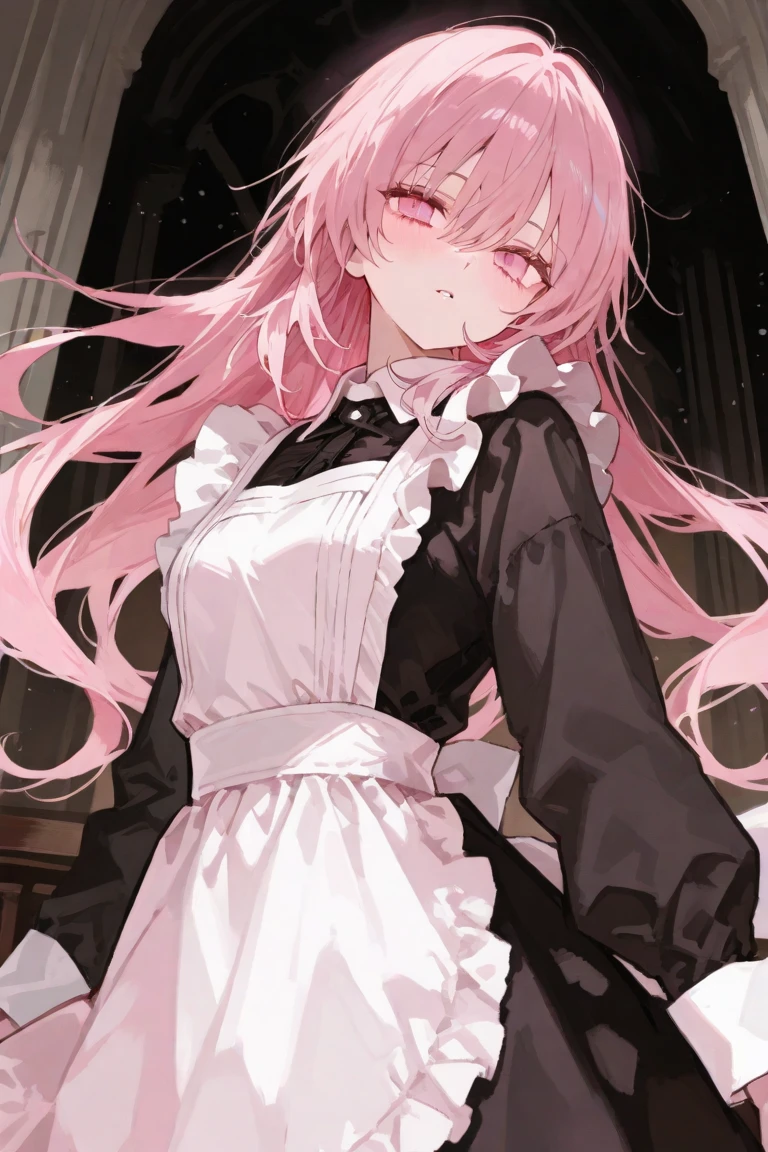 a girl,solo,Long pink hair,gentle,Smile,medium long hair,Distribute,black maid outfit,short skirt ,black gloves,night,digital punk, indoors,((White pantyhose)),white underwear,sansilinglai、character-centered