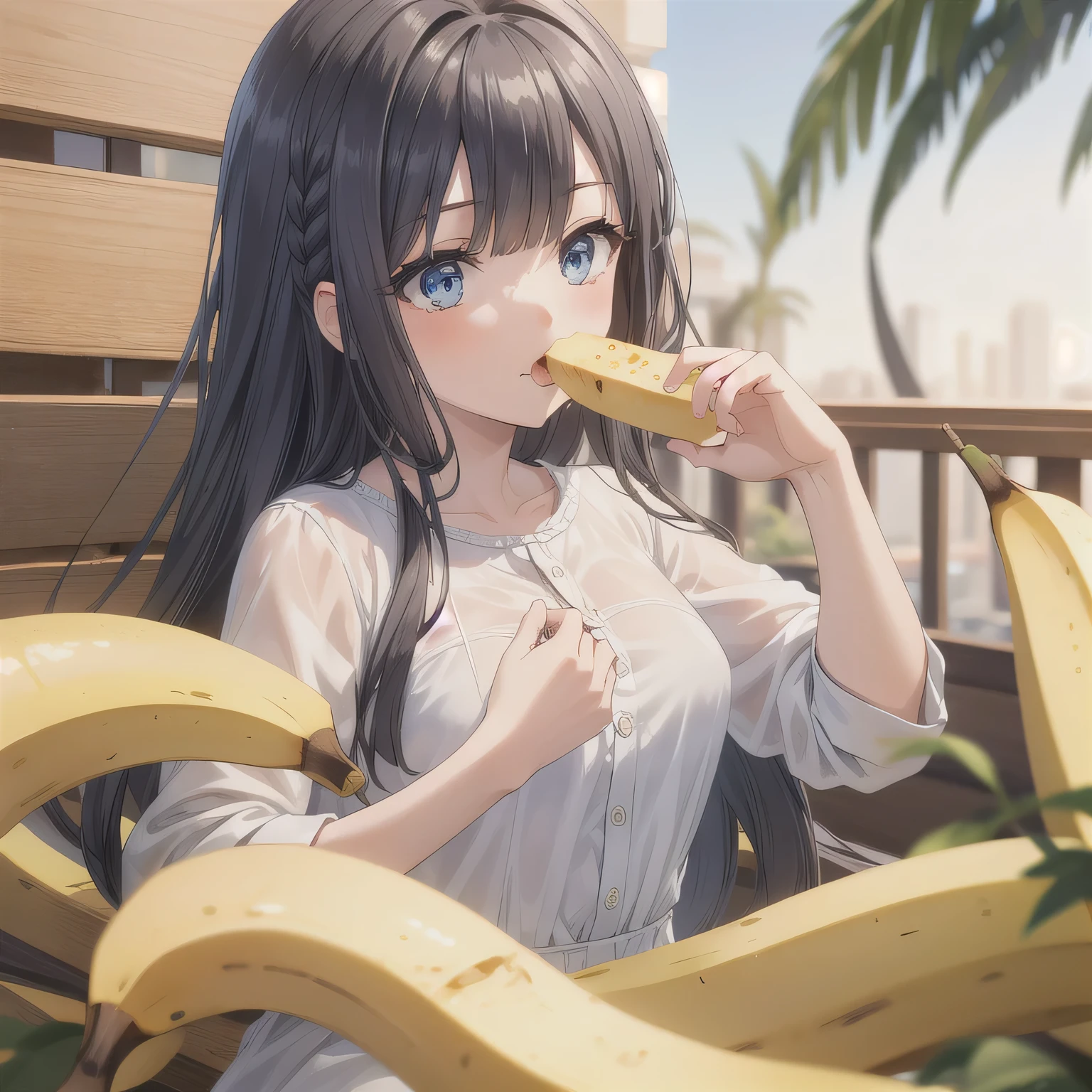 She is holding a banana with its peel partially removed, revealing the white fruit inside. She is eating the exposed white part. Long hair, blue eyes, dark hair, braided.