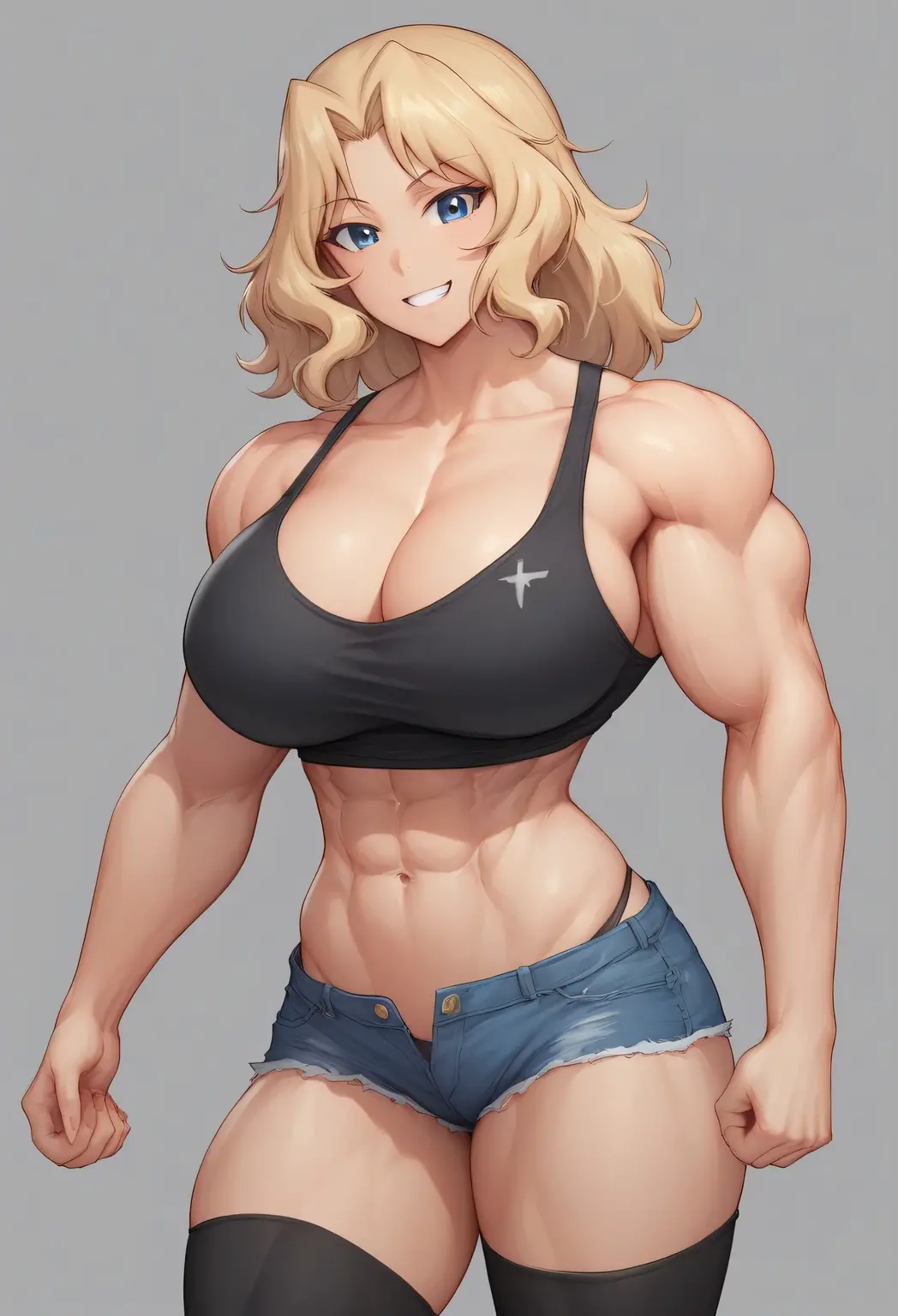 , (muscular female:1.1),lumine (genshin impact) , camisole,alternate muscle size, ,biceps,bow panties,muscular thighs ,masterpiece, detailed face, perfect lighting, muscular thighs