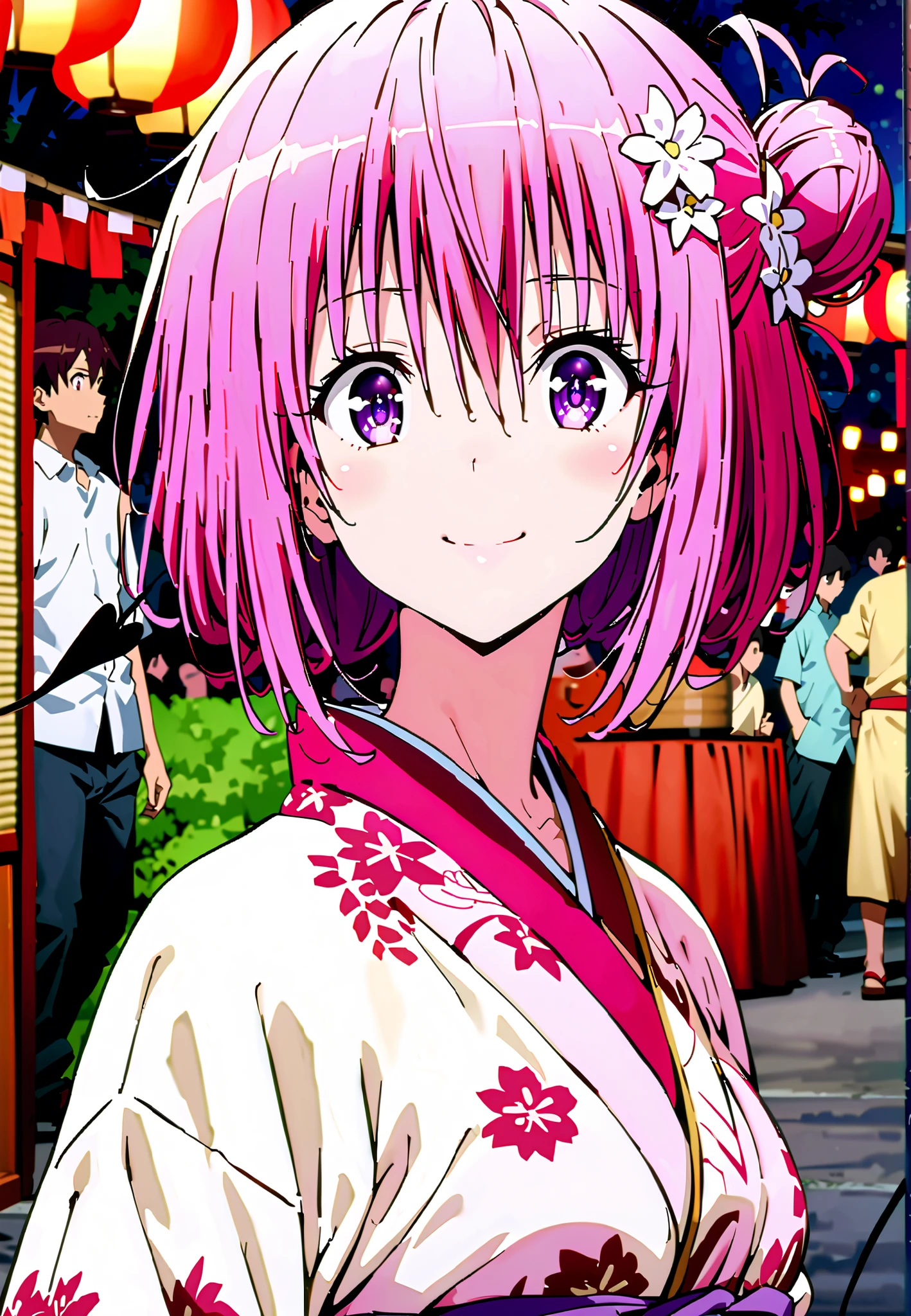 Momo Devil, Momo Deviluke, solo,Demon Tail, hair flower, hair ornament, purple eyes, Picnic, smile,cover,close your mouth,side lock,single bun hair,Nape,Medium breast,Pink floral kimono,standing,Red Lantern,Japanese stalls ,Light up fireworks,night,crowd,full bodyがillustrationsに入るように,break outdoors, Japanese Festival,
break looking at viewer,full body,
break (masterpiece:1.2), Best Quality, high resolution, Unity 8k 壁紙, (illustrations:0.8), (beautiful detailed eyes:1.6), extremely detailed face, so that it fits into the illustration, Extremely Detailed CG, (perfect hand, Perfect Anatomy),