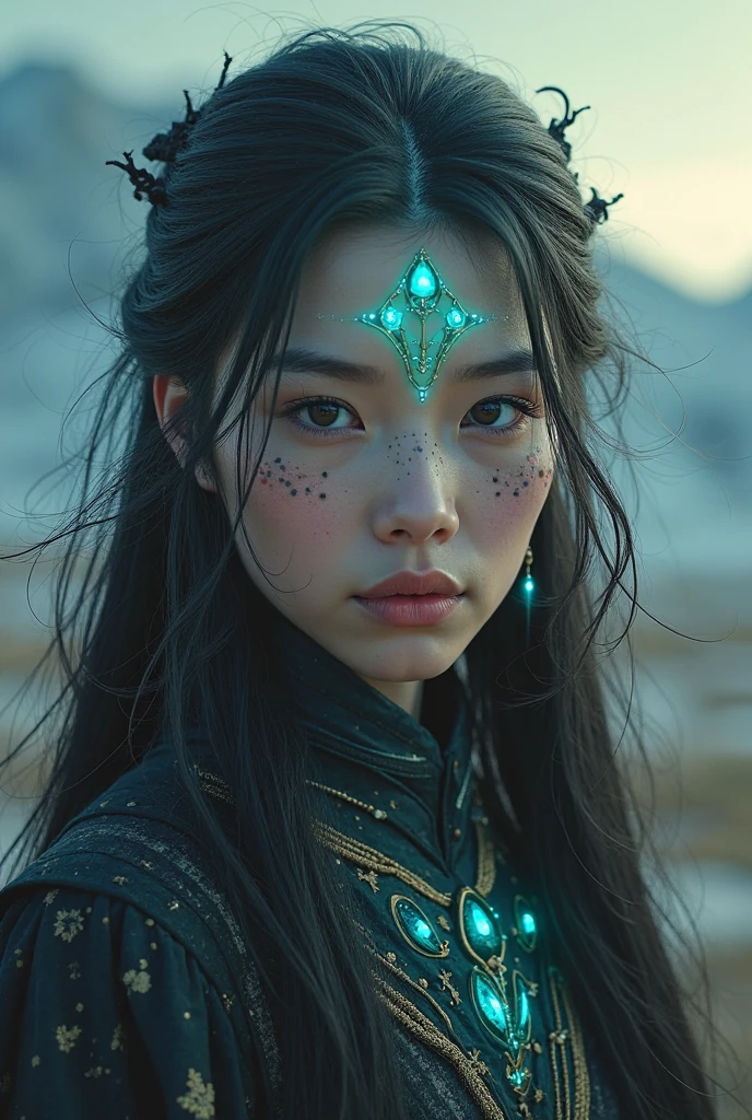 Emotional cyberpunk fantasy in WLOP-Style: Bioluminescent, Soft, Dreamy style with detailed characters featuring a smooth mixture of sharp jewelry in blue, black, and silver hues. Utilizes extremely thin brush strokes and light brush treatment. The characters exhibit delicate Asian features with mature elven proportions, such as a soft jawline. The artwork includes star and diamond motifs with a blurred, dark, [deep green and yellow background], creating a sense of peace and mystery. Sacred geometric figures drawn with thin [dark gold] on a [deep green and yellow background] background, in a kaleidoscope-like arrangement.