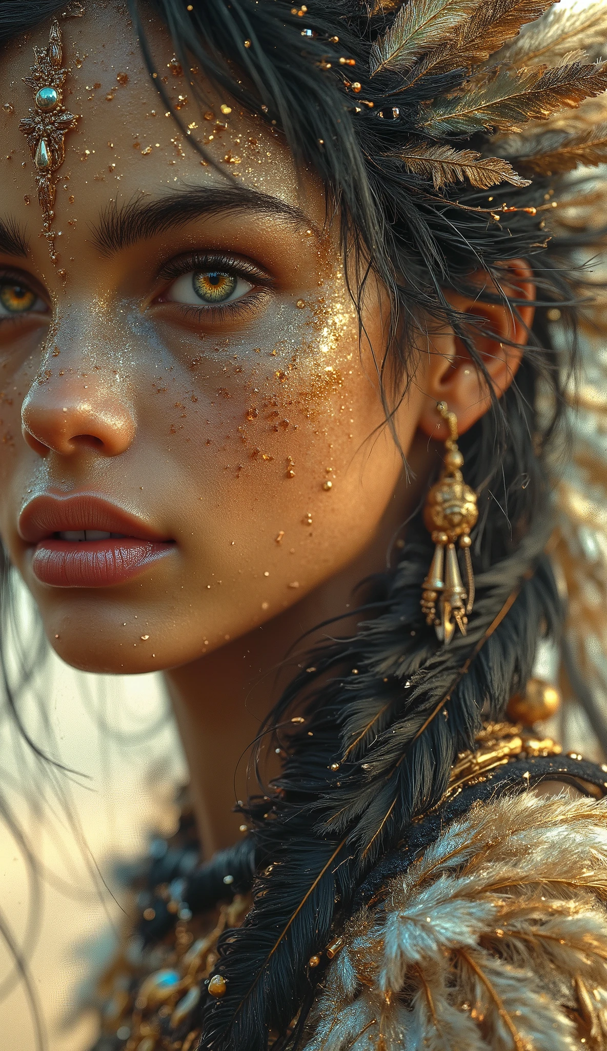 A fascinating black-brown-golden sepia photograph of a sublime, surrealen, abstract watercolor of a portrait of an Indian woman in the Wild West with sensual clear eyes with delicate accents, that evoke an ethereal quality. The image is characterized by high contrast, desaturated tones and a certain hardness, with distinct grain, that gives the picture a tactile, movie-like quality. The composition is detailed and flawless, carefully balances each element, to create visual excitement. The picture is framed, as if it had been taken with a 50 mm lens, and conveys the intimacy and directness of spontaneous film photography. Every Detail,down to the tiny imperfections of the color, ist in exquisiter, reproduces contrasting detail and gives the picture a touch of realism. The overall effect is simply breathtaking — a perfect combination of technology, composition and artistic vision.