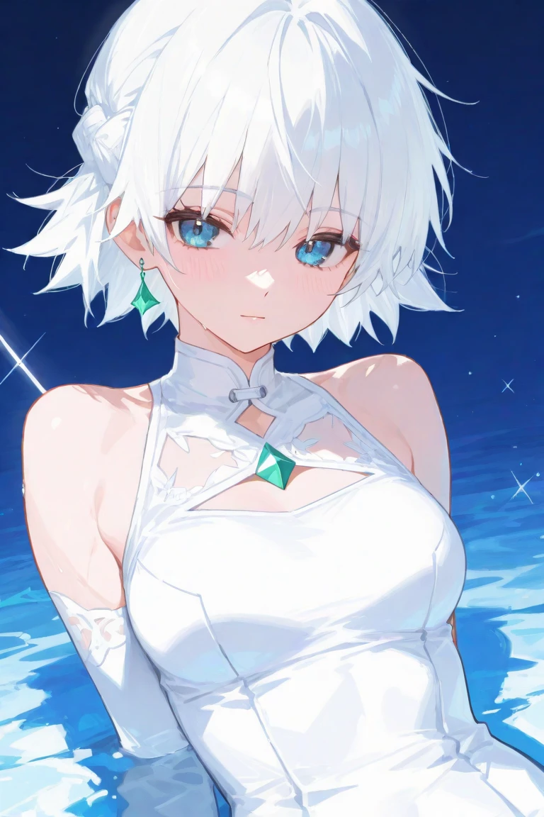 the anime, pixie(sharp ears), Short Hair Hair(White Color), in white(Erotic lingerie), In the cave, a closeup of a, full - body, Beyond Playboy, sexypose(Lies) childhood friend, 8K, Orange eye color, Oil Painting Style, soft-lighting, Magic Wand(with red round crystal), Vulgar face(confusion, blushful),