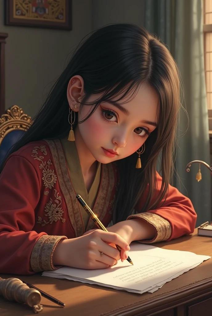 A photo of a beautiful girl in a traditional Chinese dress looking at ancient chinese book under lamp on a low table in garden surrounded by old walls in a peaceful night,((her right hold a pen and her left hand place on table)),((masterpiece)),realistic,4k,extremely detailed,((beautiful big eyes))