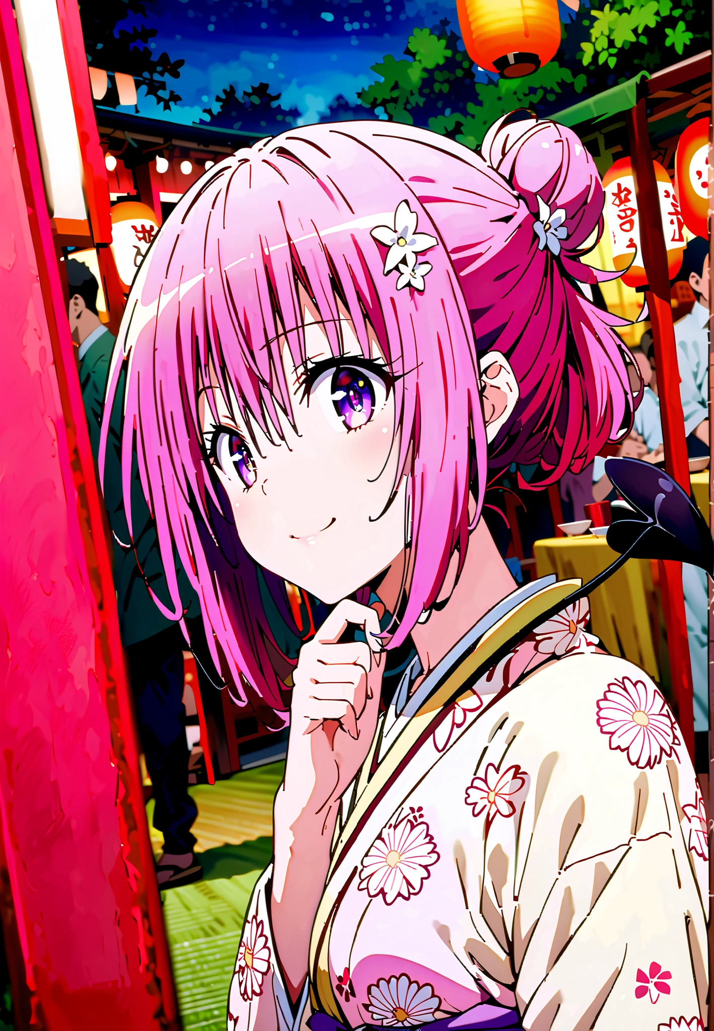 Momo Devil, Momo Deviluke, solo,Demon Tail,  hair flower, hair ornament, purple eyes, Picnic, smile,cover,close your mouth,side lock,single bun hair,Nape,Medium breast,Pink floral kimono,standing,Red Lantern,Japanese stalls ,Light up fireworks,night,crowd,full bodyがillustrationsに入るように,break outdoors, Japanese Festival,
break looking at viewer,full body,
break (masterpiece:1.2), Best Quality, high resolution, Unity 8k 壁紙, (illustrations:0.8), (beautiful detailed eyes:1.6), extremely detailed face,  so that it fits into the illustration, Extremely Detailed CG, (perfect hand, Perfect Anatomy),