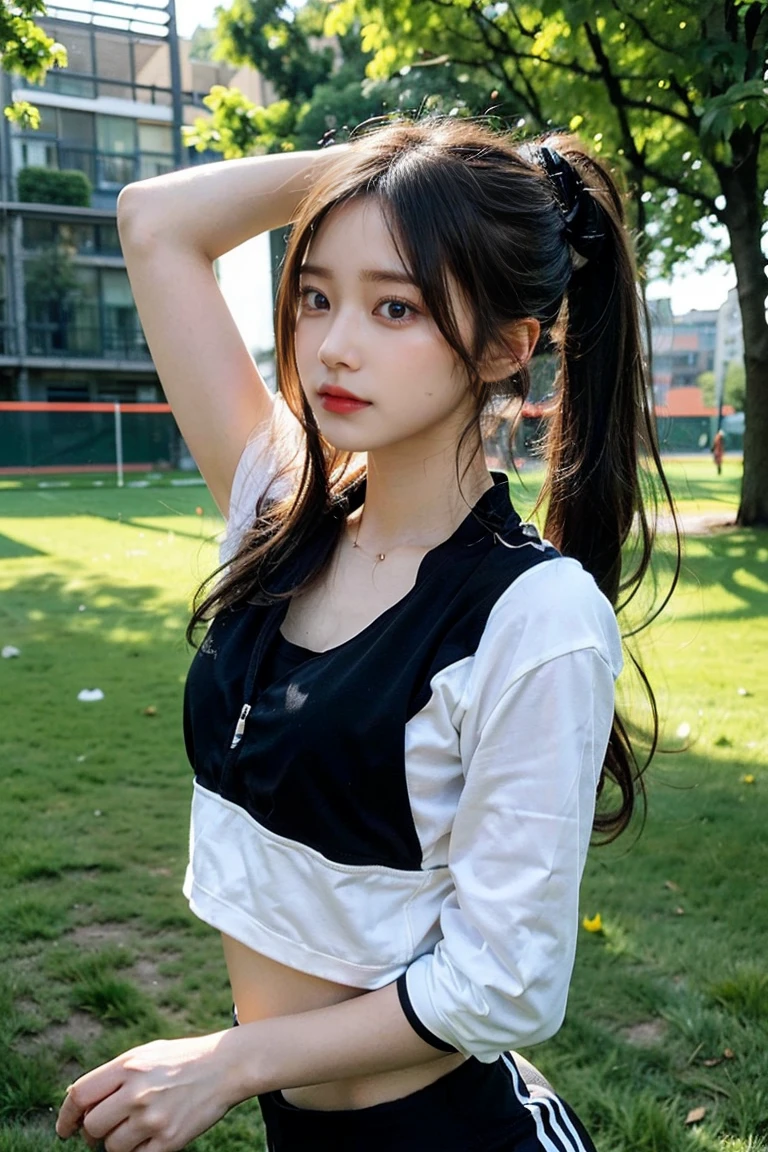 (((best quality))),(((ultra detailed))),(((masterpiece))),illustration,((1 beautiful girl,solo)),((slim,thin)),((small breasts,flat chest)), outside school gate, summer twilight, sunlight,(short ponytail:1.3),((white short-sleeved shirt)),((clavicalis,navel)),((navy blue sports shorts,slender legs)),animated face, excited eyes, sounds of laughter, chatter, excitement of summer vacation, air filled with energy, school gate golden glow, symbol of end of academic year, schoolyard transformed, reunion, farewells, embracing setting sun, face illuminated, moment captured, fleeting instant, essence of summer, carefree spirit, youthful exuberance, embodiment of season, sun dips, rosy glow, joy of living,promise of adventures,((standing,from front,upper body)),(surrounded by crowded crowds:1.3)