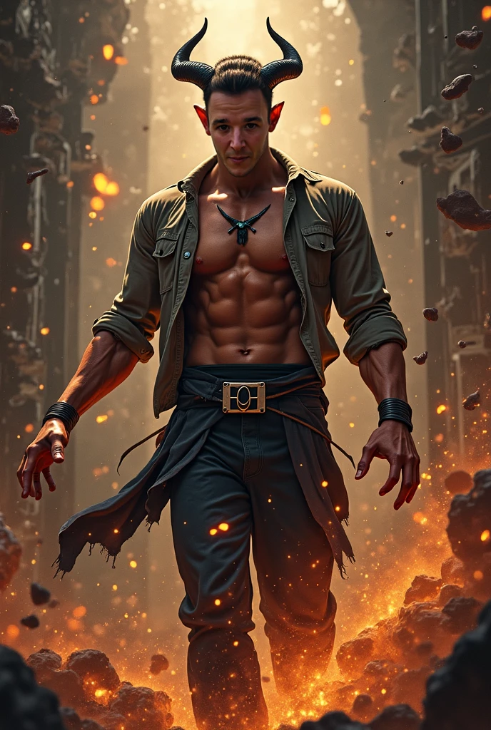 Alavid man standing in front of a pile of garbage with his shirt off, Male model, Strong young male, Joe Keary, Fashion model, zac retz, sergey zabelin, alexey egorov, maxim sukharev, gorgeous young model, Lean man with light tan skin, style of ilya kushinov, Shirtless