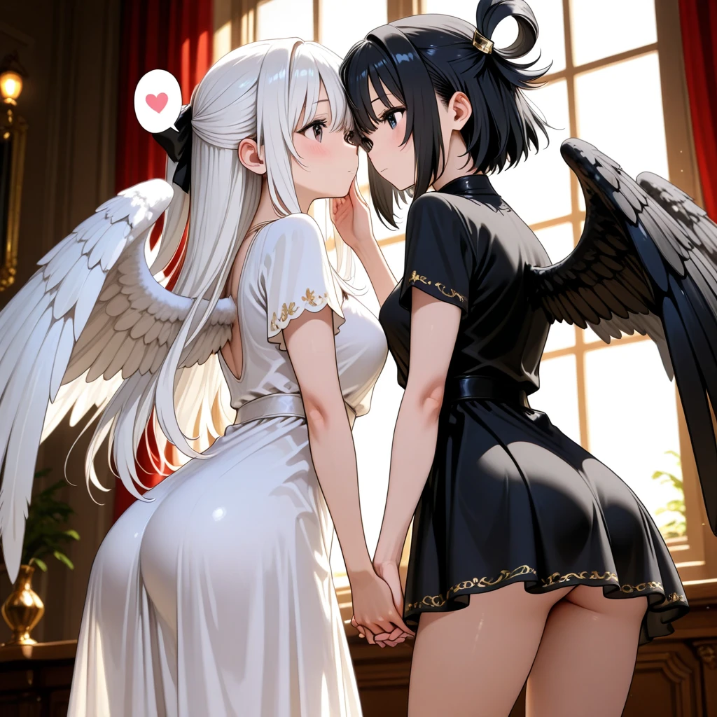 Highest quality,Highest Resolution,(((A beautiful girl with blue eyes and blonde hair in a maid leotard and white angel wings on her back)))and(((A beautiful girl with red eyes, purple hair, and black angel wings on her back in a gothic lolita leotard)))are having sex in the face-to-face cowgirl position,saliva,(((Halo))),smile,Frills,Knee-high stockings,A distant view,(((kiss))),(((salivaを垂らす))),