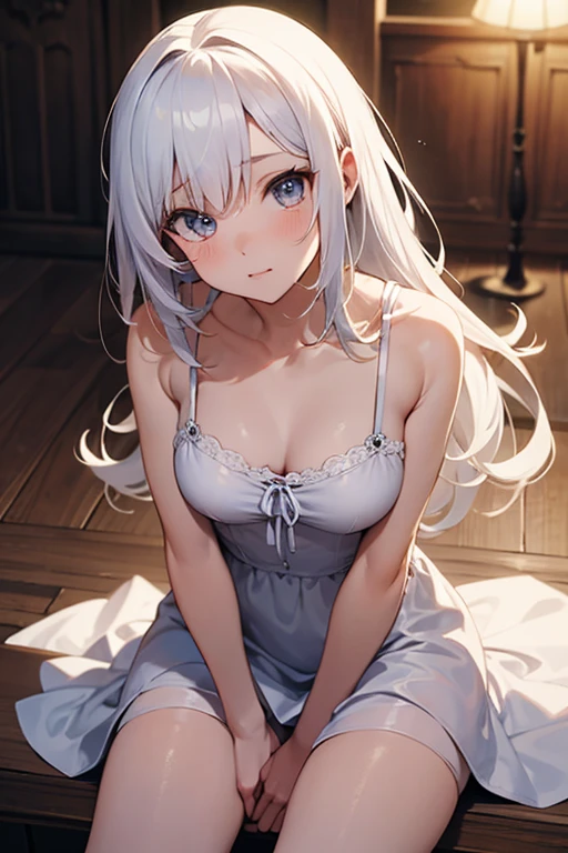 NSFW, Imagine: charachter: A girl with long silver hair, light blue eyes and a curvy, slim body, with large and perky breasts. outfit: She only wears a white silk nightgown to sleep and black panties.. Pose: She is sitting on the edge of the double bed with her legs crossed in a sensual way., revealing a toned thigh that stands out due to the black panties. lighting: Soft, indirect light bathes the room, creating a cozy and intimate environment. A soft spotlight illuminates the character's face, highlighting your features and enhancing the sensuality of the scene. Additional Detail: The breasts stand out under the thin silk shirt, gaining attention.