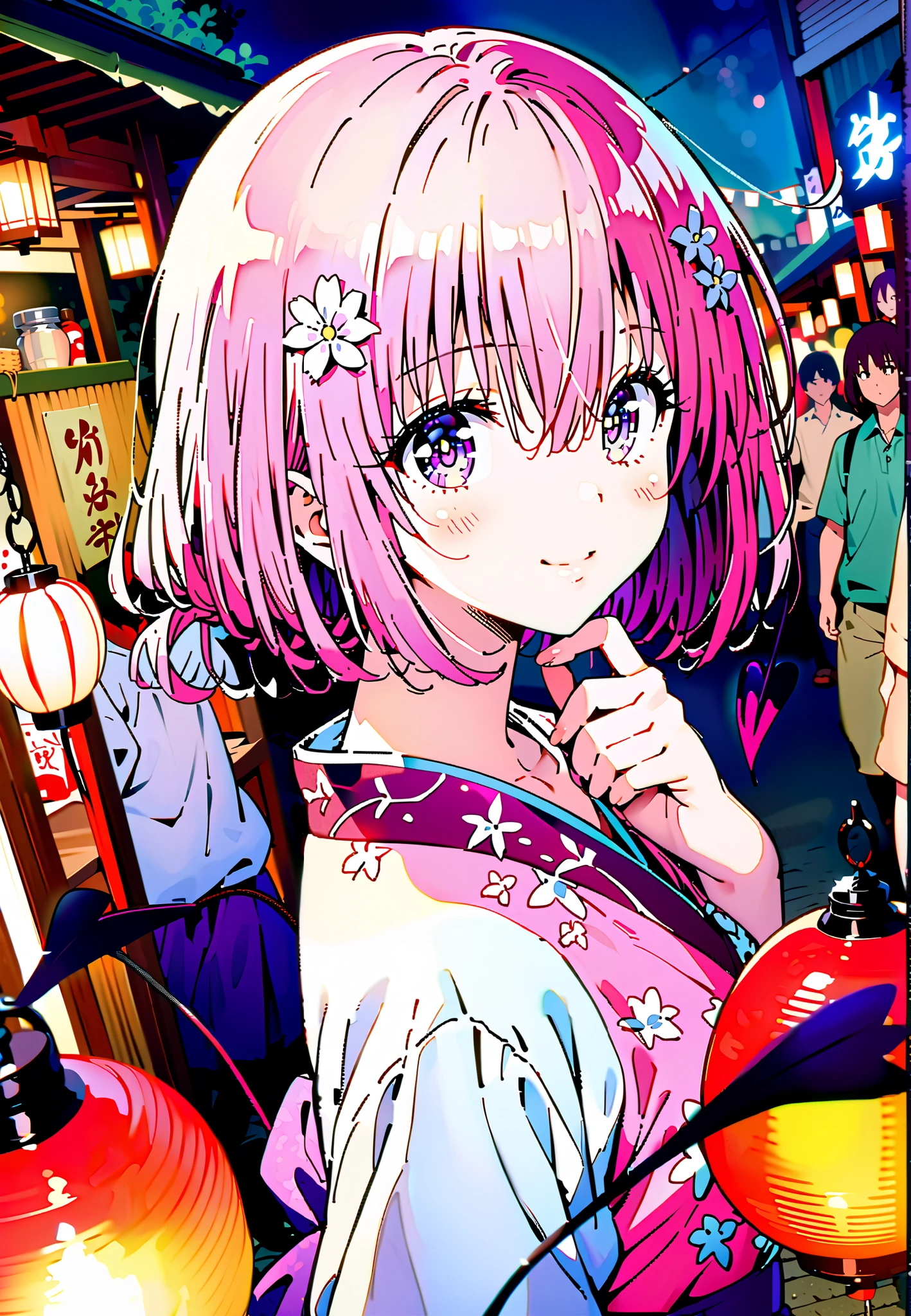 Momo Devil, Momo Deviluke, solo,Demon Tail,  hair flower, hair ornament, purple eyes, Picnic, smile,cover,close your mouth,side lock,single bun hair,Nape,Medium breast,Pink floral kimono,standing,Red Lantern,Japanese stalls ,Light up fireworks,night,crowd,full bodyがillustrationsに入るように,break outdoors, Japanese Festival,
break looking at viewer,full body,
break (masterpiece:1.2), Best Quality, high resolution, Unity 8k 壁紙, (illustrations:0.8), (beautiful detailed eyes:1.6), extremely detailed face,  so that it fits into the illustration, Extremely Detailed CG, (perfect hand, Perfect Anatomy),